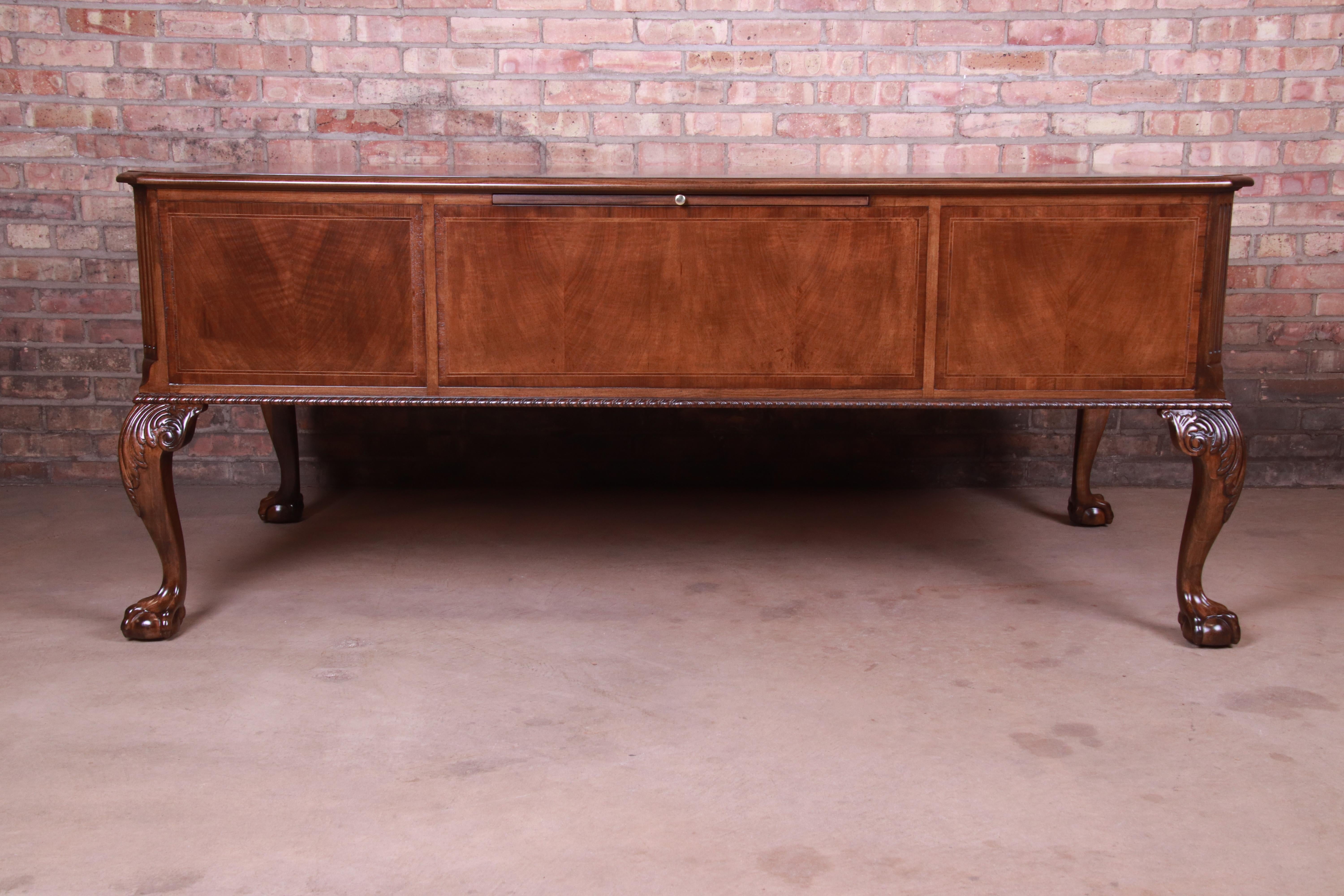 Baker Furniture Chippendale Burled Walnut Executive Desk, Newly Restored 10
