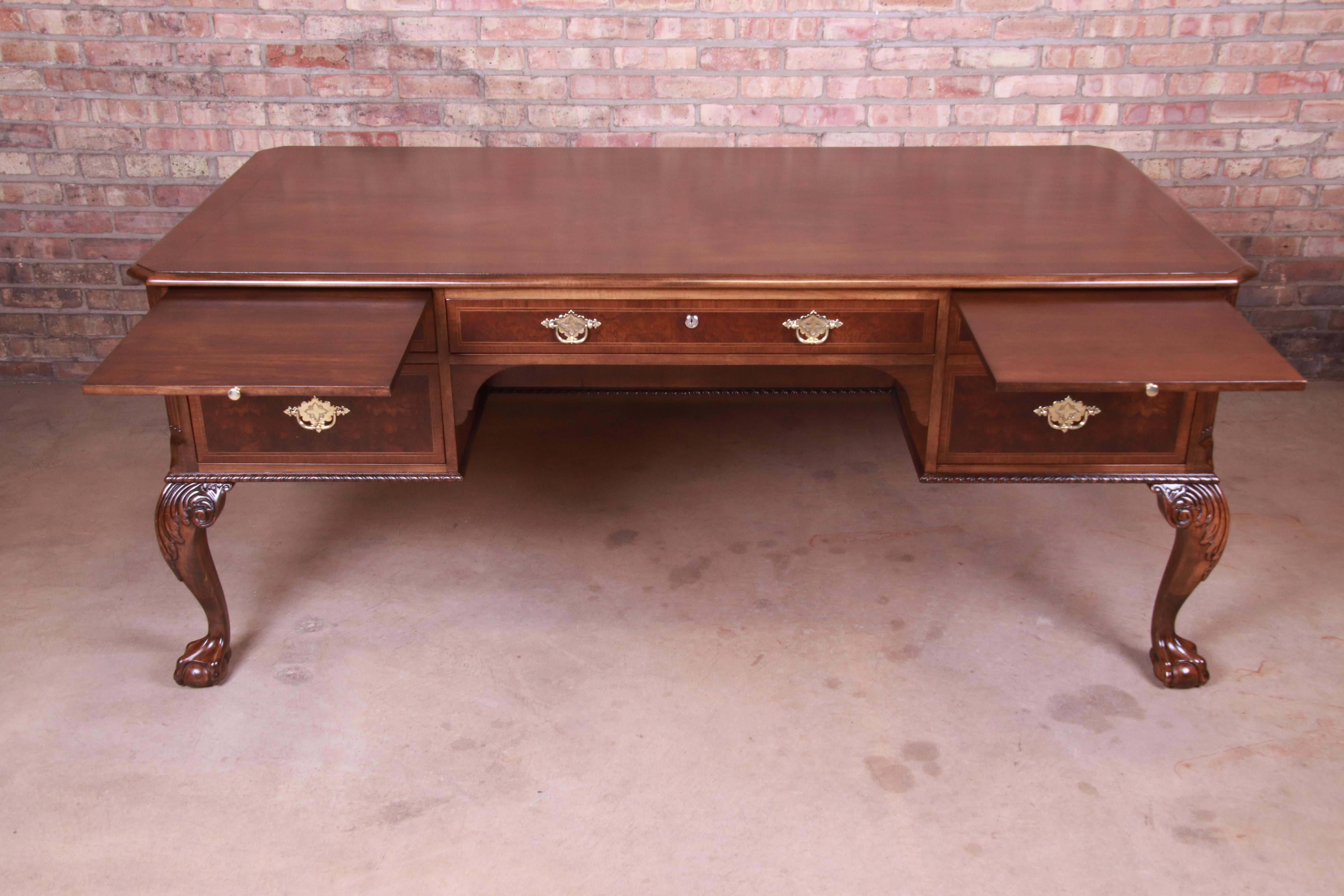 American Baker Furniture Chippendale Burled Walnut Executive Desk, Newly Restored