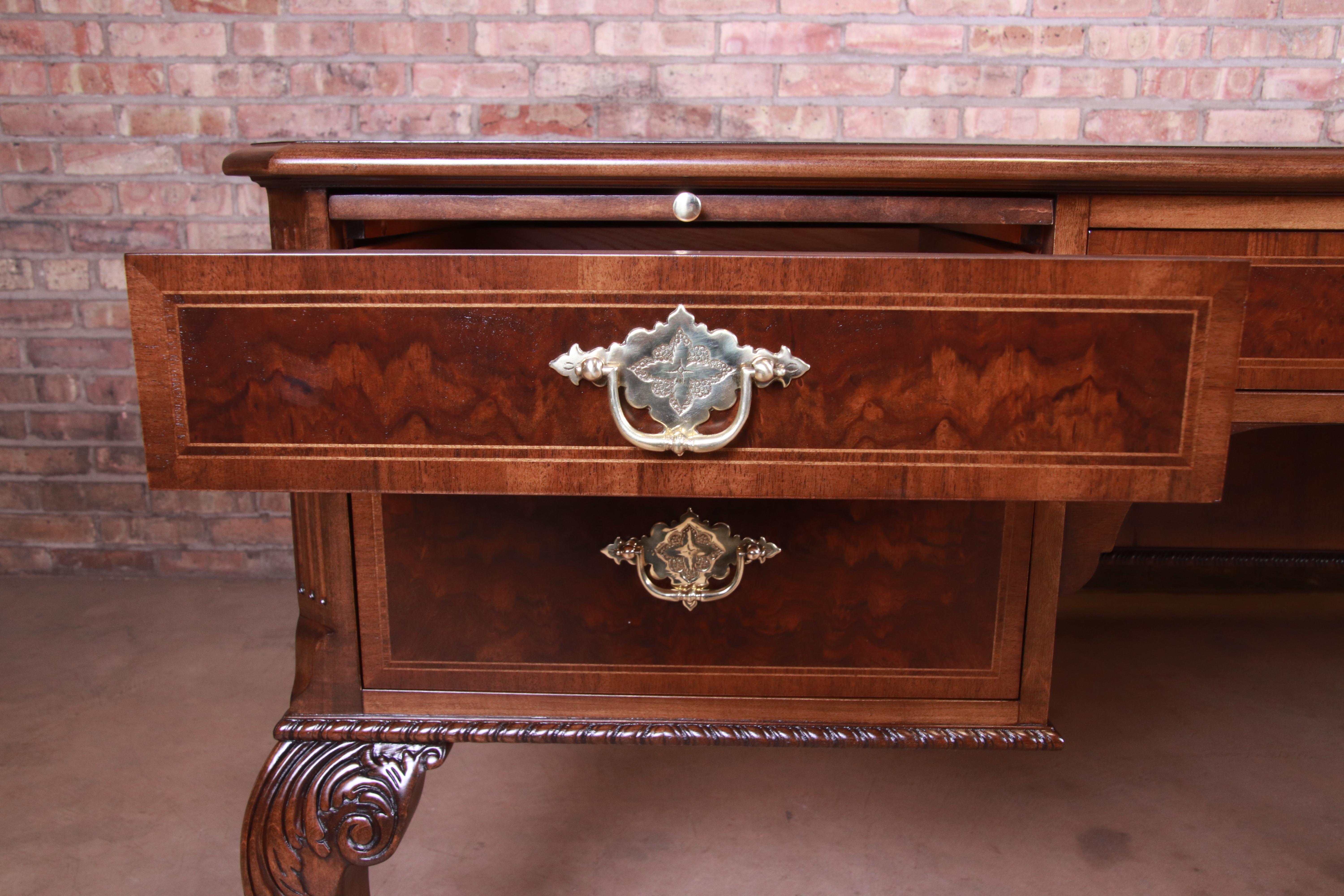 20th Century Baker Furniture Chippendale Burled Walnut Executive Desk, Newly Restored