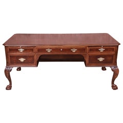 Baker Furniture Chippendale Burled Walnut Executive Desk, Newly Restored