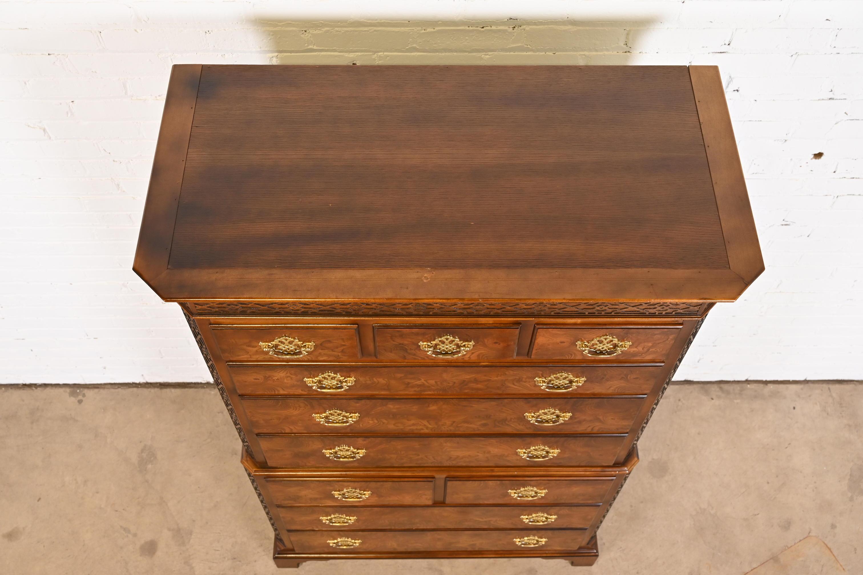 Baker Furniture Chippendale Burled Walnut Ten-Drawer Highboy Dresser 7