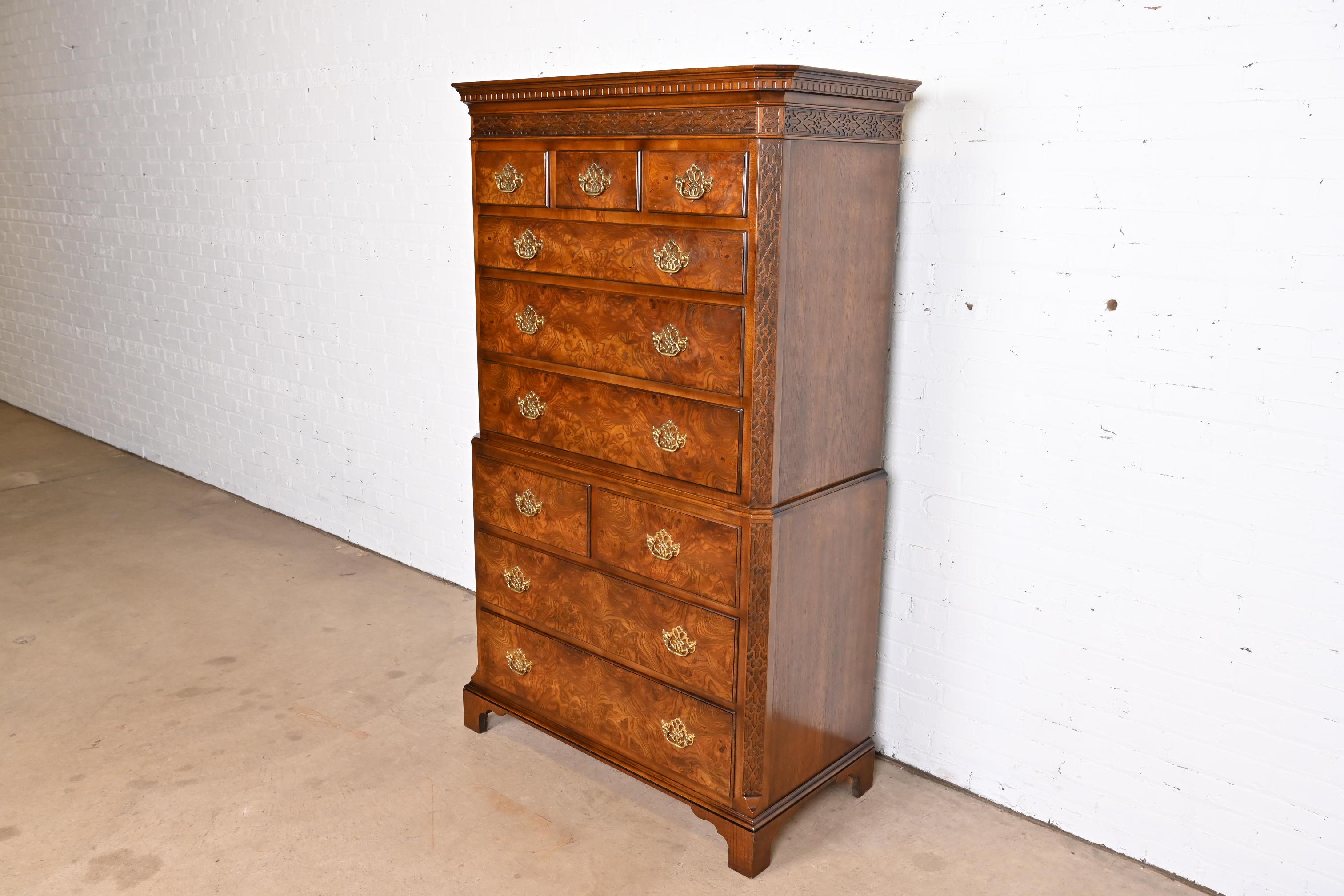 American Baker Furniture Chippendale Burled Walnut Ten-Drawer Highboy Dresser