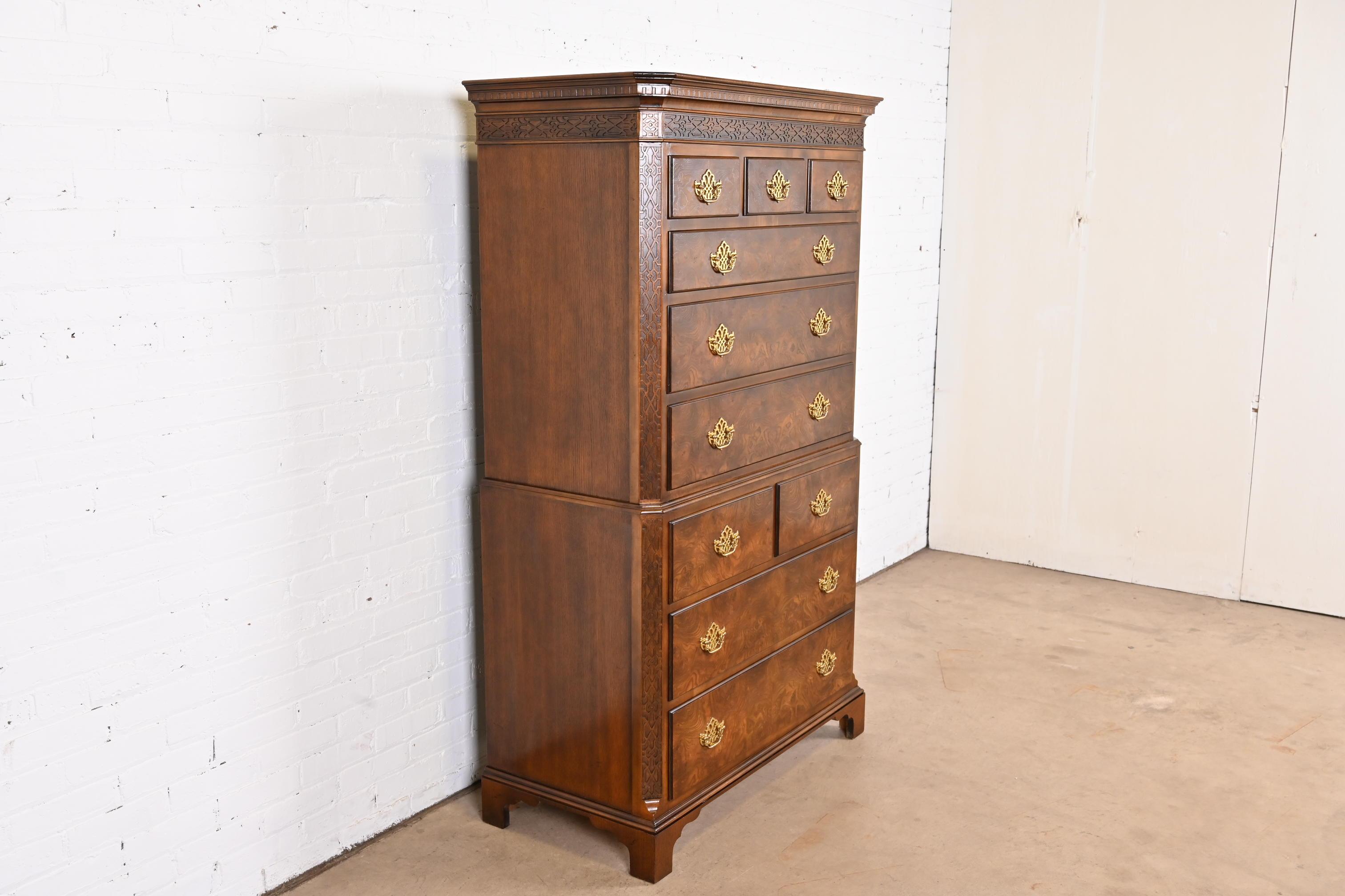 Baker Furniture Chippendale Burled Walnut Ten-Drawer Highboy Dresser In Good Condition In South Bend, IN