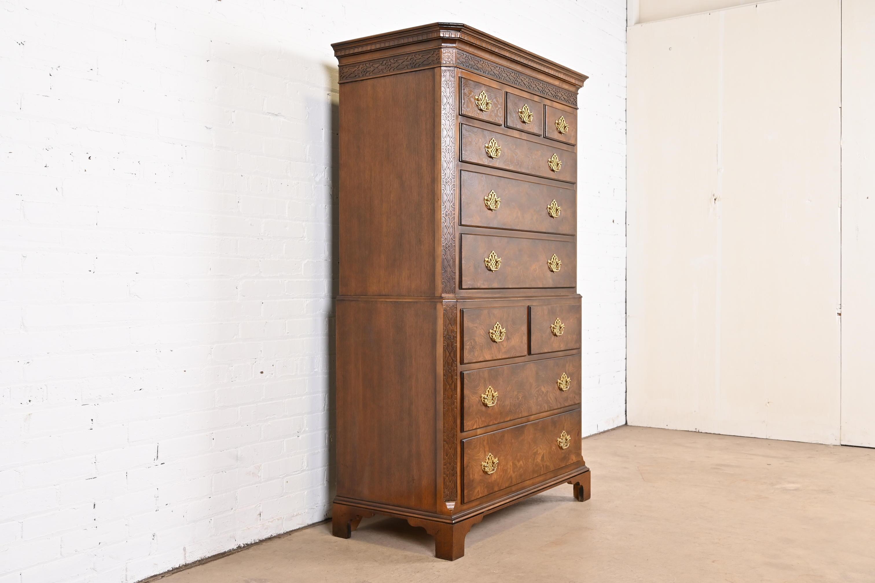 Late 20th Century Baker Furniture Chippendale Burled Walnut Ten-Drawer Highboy Dresser