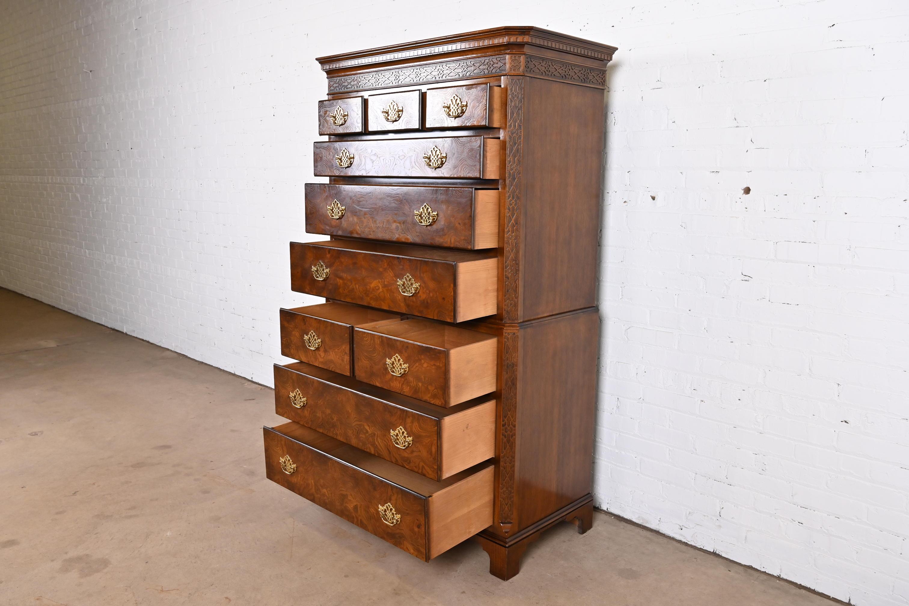 Baker Furniture Chippendale Burled Walnut Ten-Drawer Highboy Dresser 1