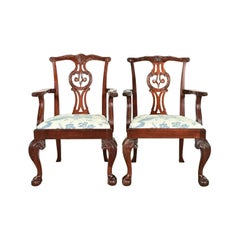 Baker Furniture Chippendale Carved Mahogany Armchairs or Dining Chairs, Pair