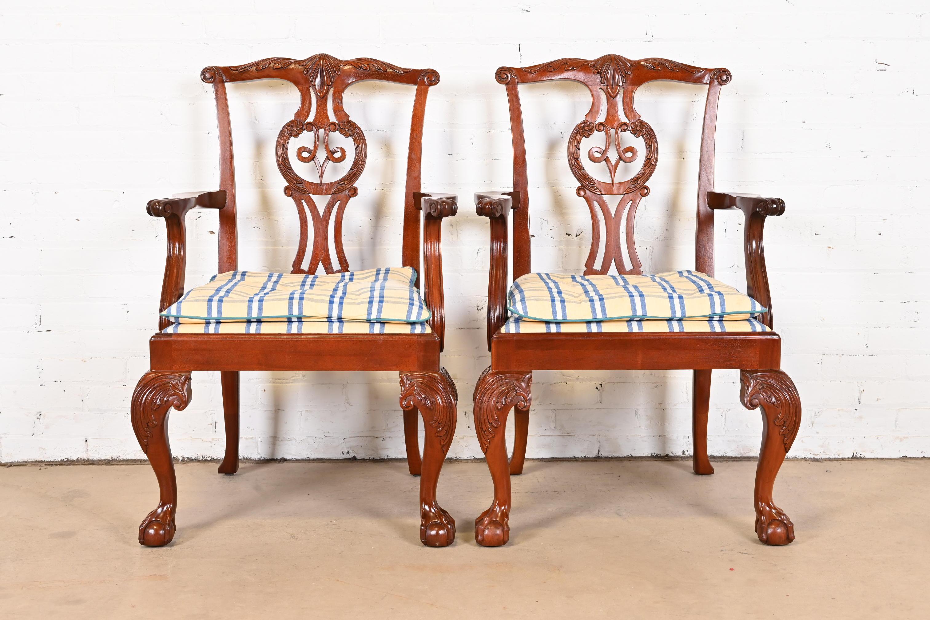 American Baker Furniture Chippendale Carved Mahogany Armchairs, Pair For Sale