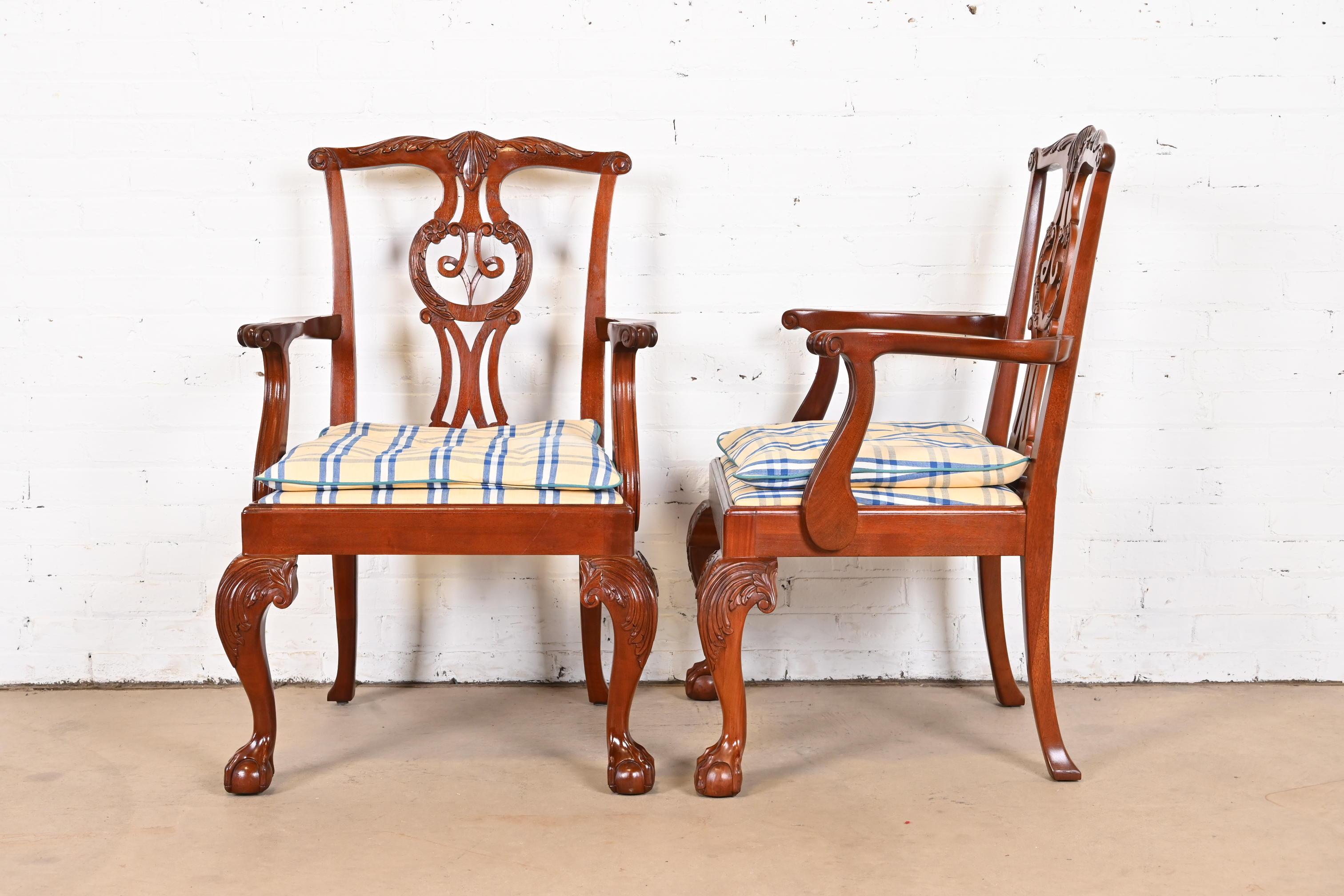 20th Century Baker Furniture Chippendale Carved Mahogany Armchairs, Pair For Sale