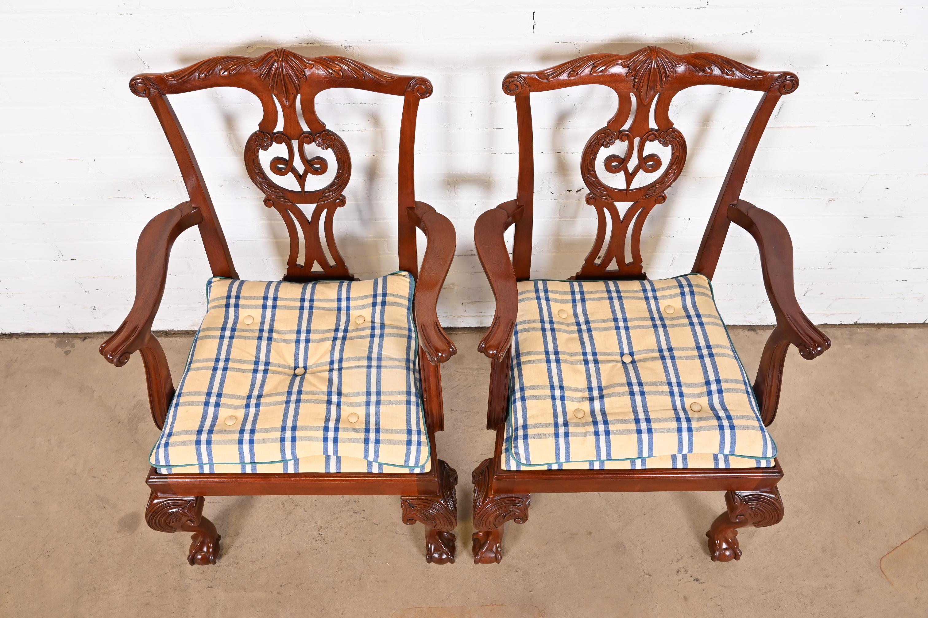 Upholstery Baker Furniture Chippendale Carved Mahogany Armchairs, Pair For Sale