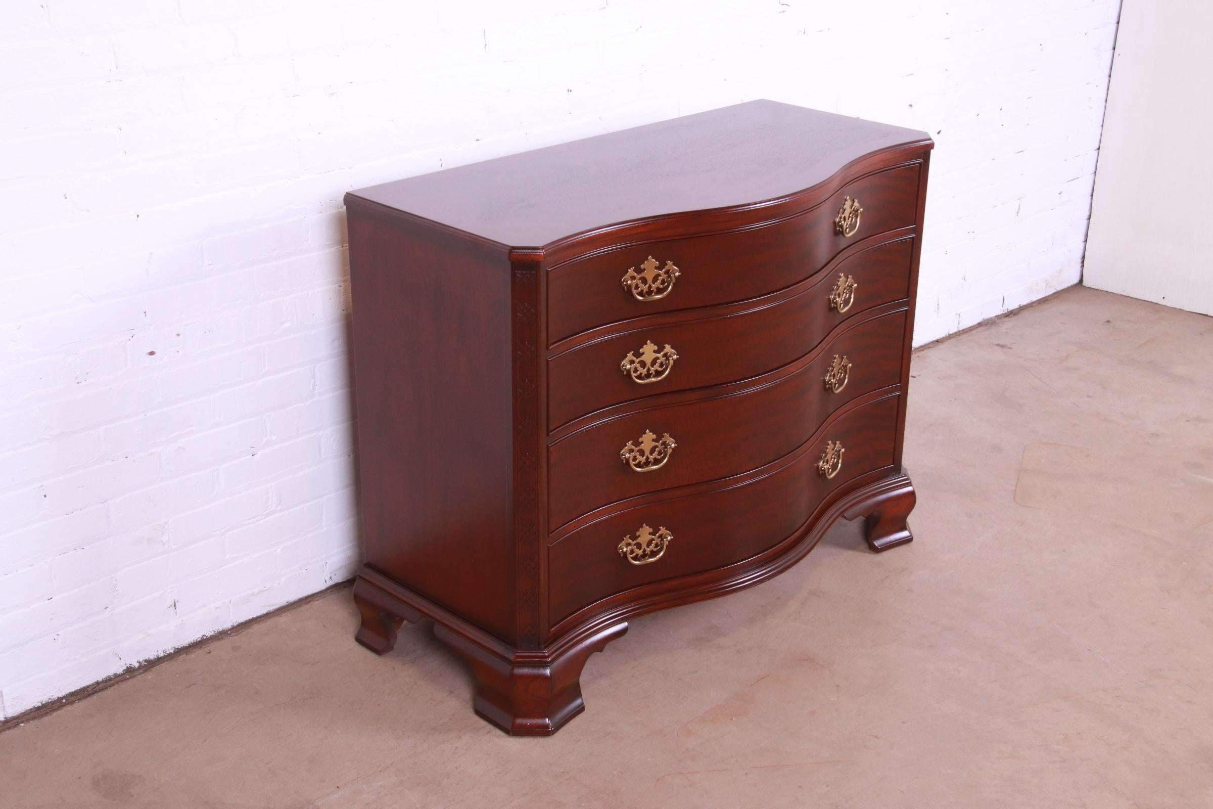 Brass Baker Furniture Chippendale Carved Mahogany Chest of Drawers, Newly Refinished For Sale