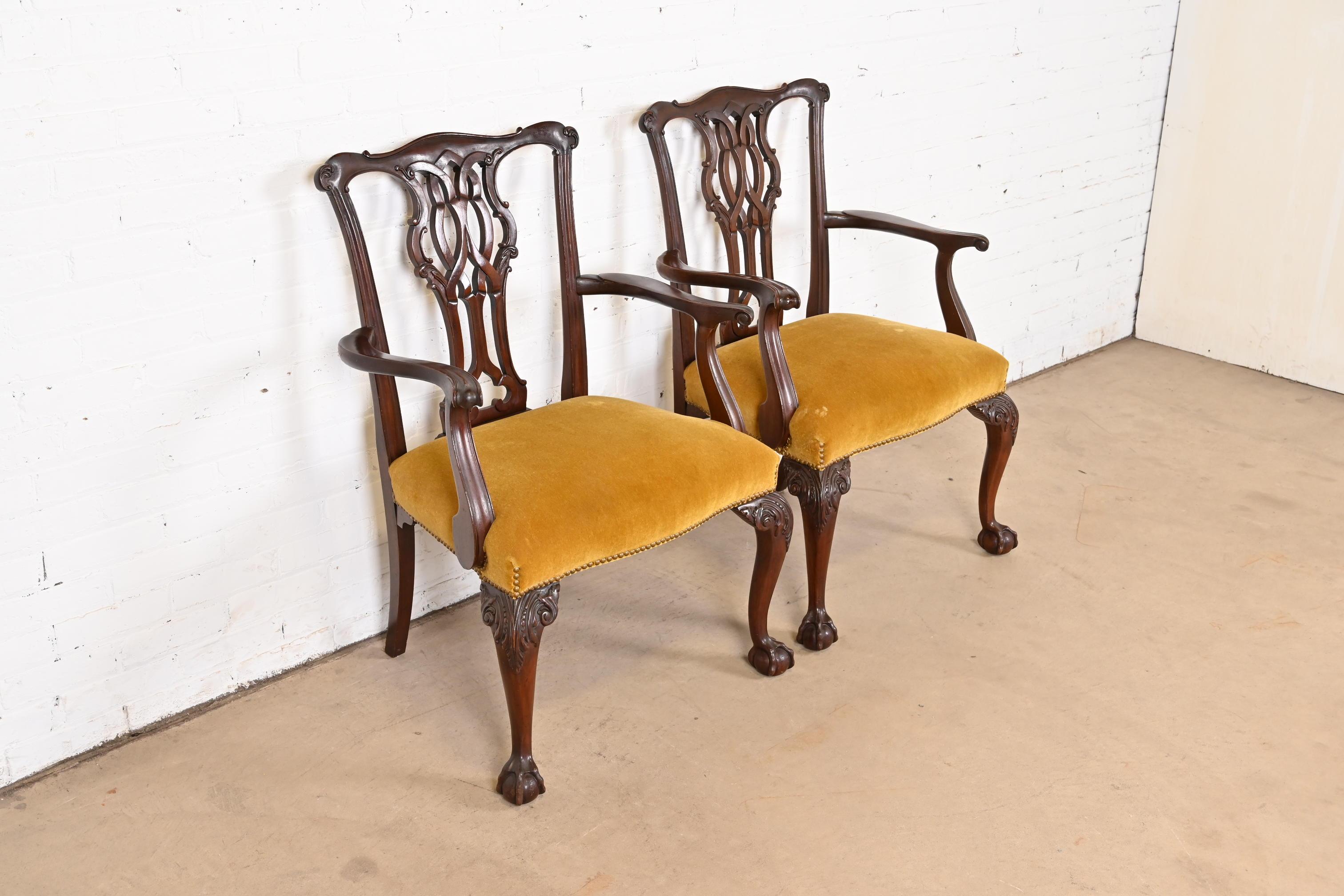 Late 20th Century Baker Furniture Chippendale Carved Mahogany Dining Armchairs, Pair For Sale