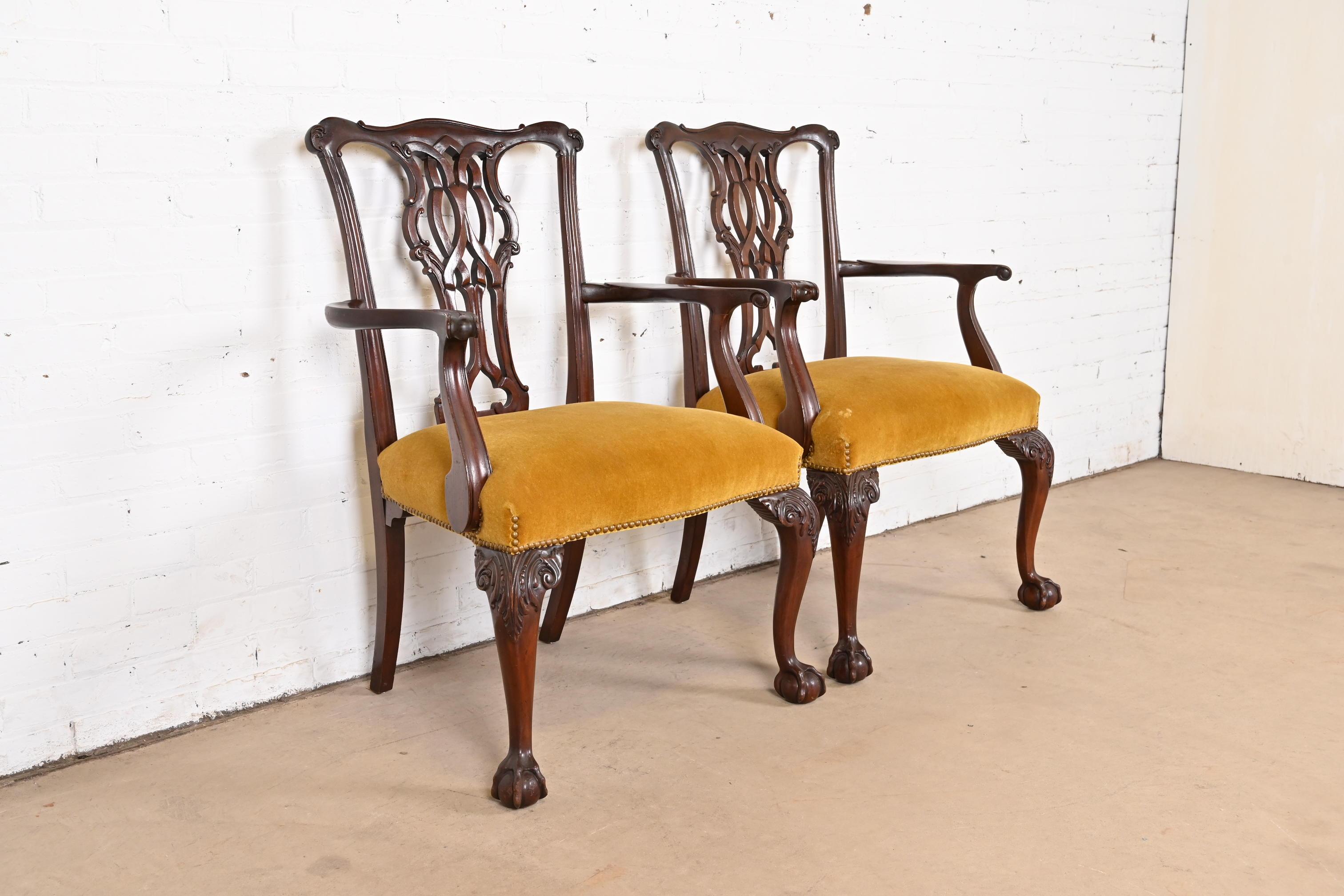 Brass Baker Furniture Chippendale Carved Mahogany Dining Armchairs, Pair For Sale