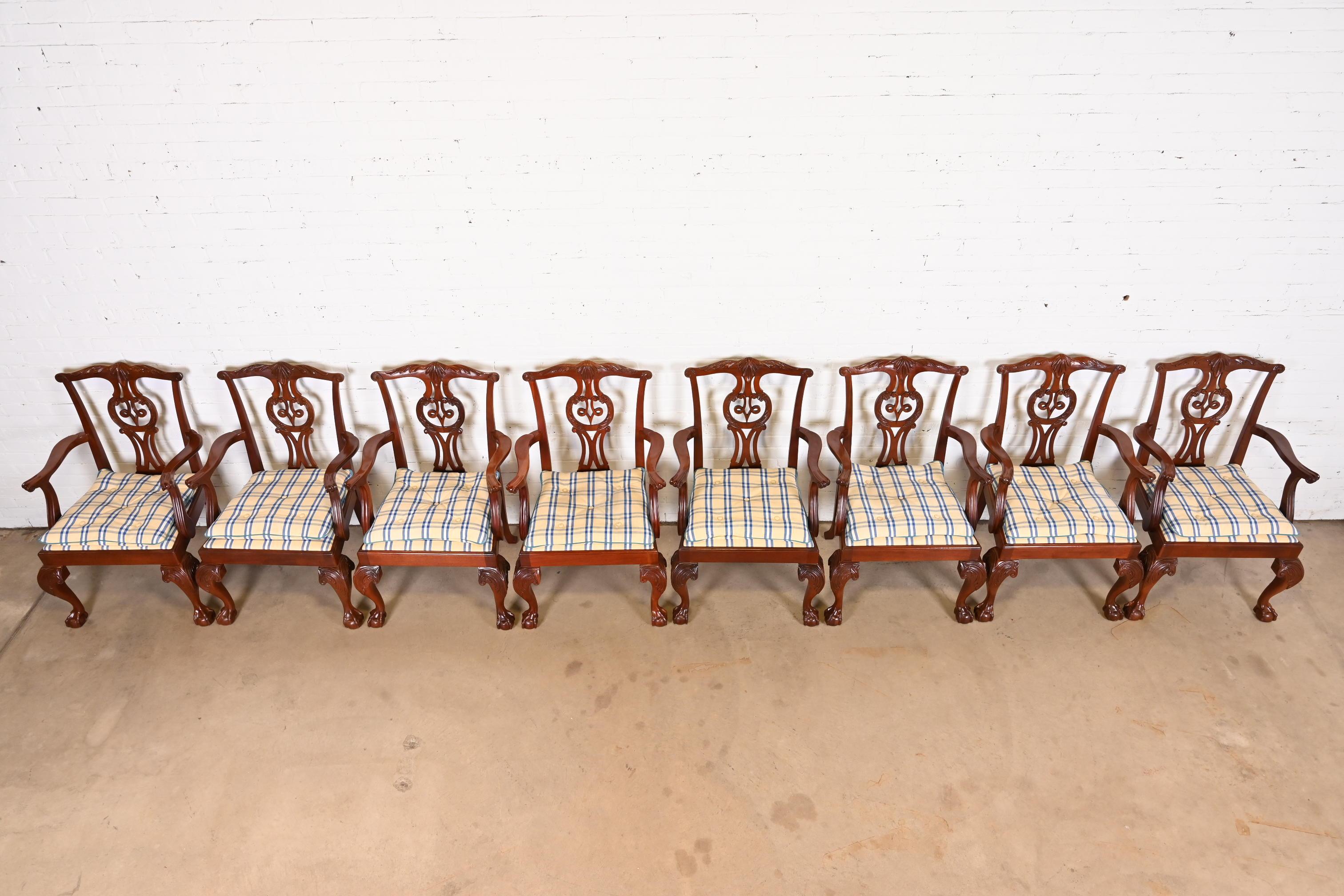 20th Century Baker Furniture Chippendale Carved Mahogany Dining Armchairs, Set of Eight For Sale