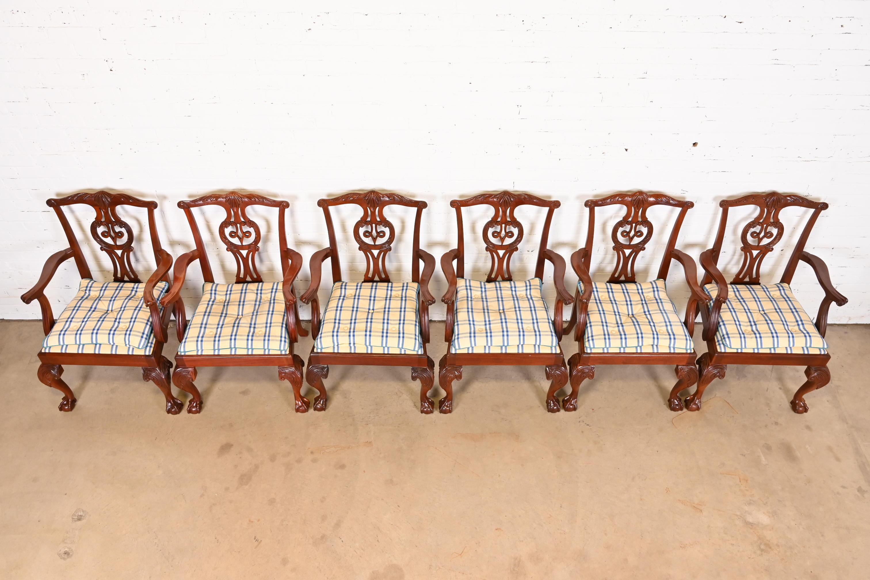 Late 20th Century Baker Furniture Chippendale Carved Mahogany Dining Armchairs, Set of Six For Sale