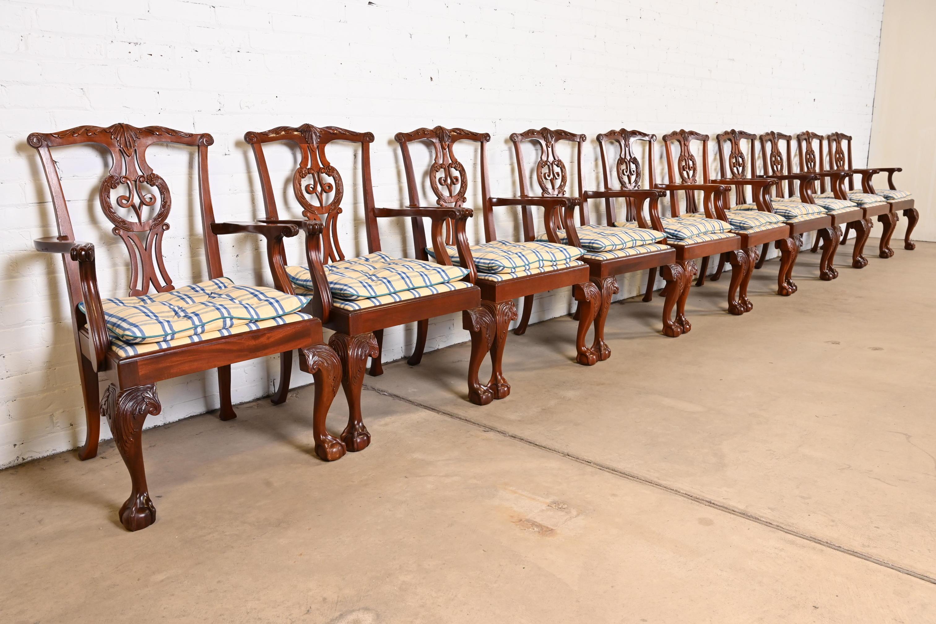 American Baker Furniture Chippendale Carved Mahogany Dining Armchairs, Set of Ten For Sale