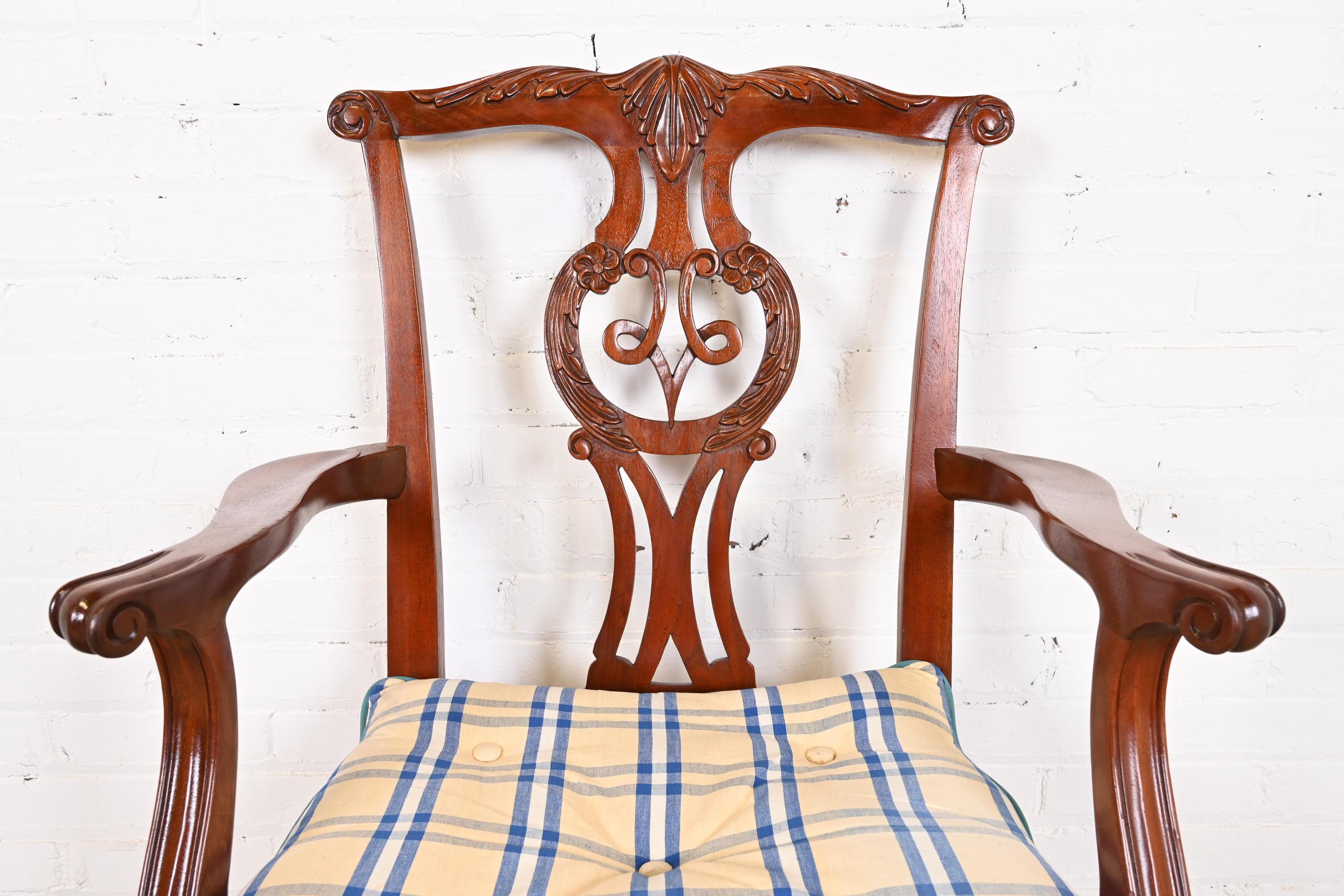 Upholstery Baker Furniture Chippendale Carved Mahogany Dining Armchairs, Set of Ten For Sale