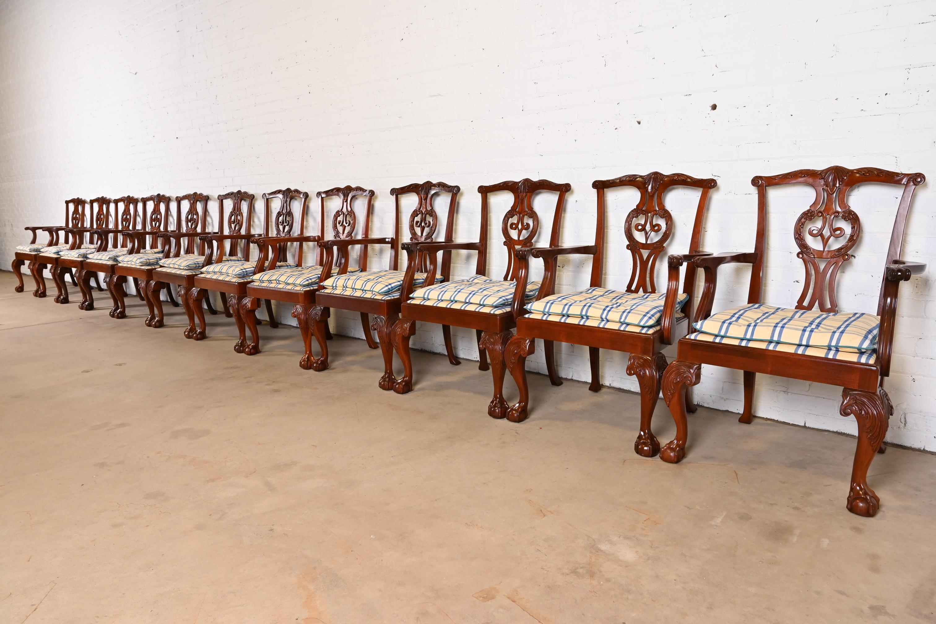 An outstanding set of twelve Chippendale or Georgian style dining armchairs

By Baker Furniture

USA, circa 1980s

Carved solid mahogany frames, with cabriole legs and ball and claw feet, and Ralph Lauren style plaid upholstery.

Measures: