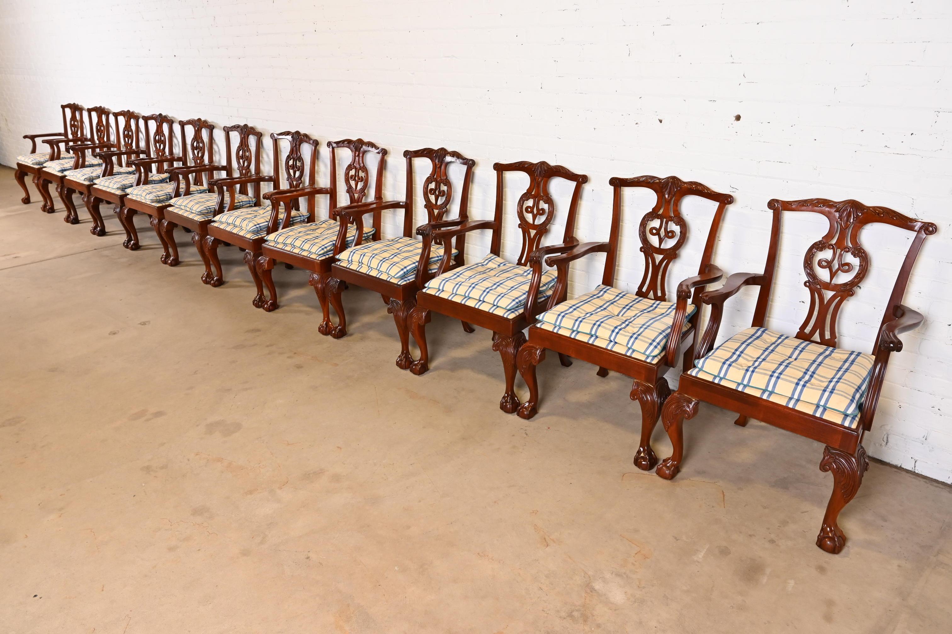 American Baker Furniture Chippendale Carved Mahogany Dining Armchairs, Set of Twelve