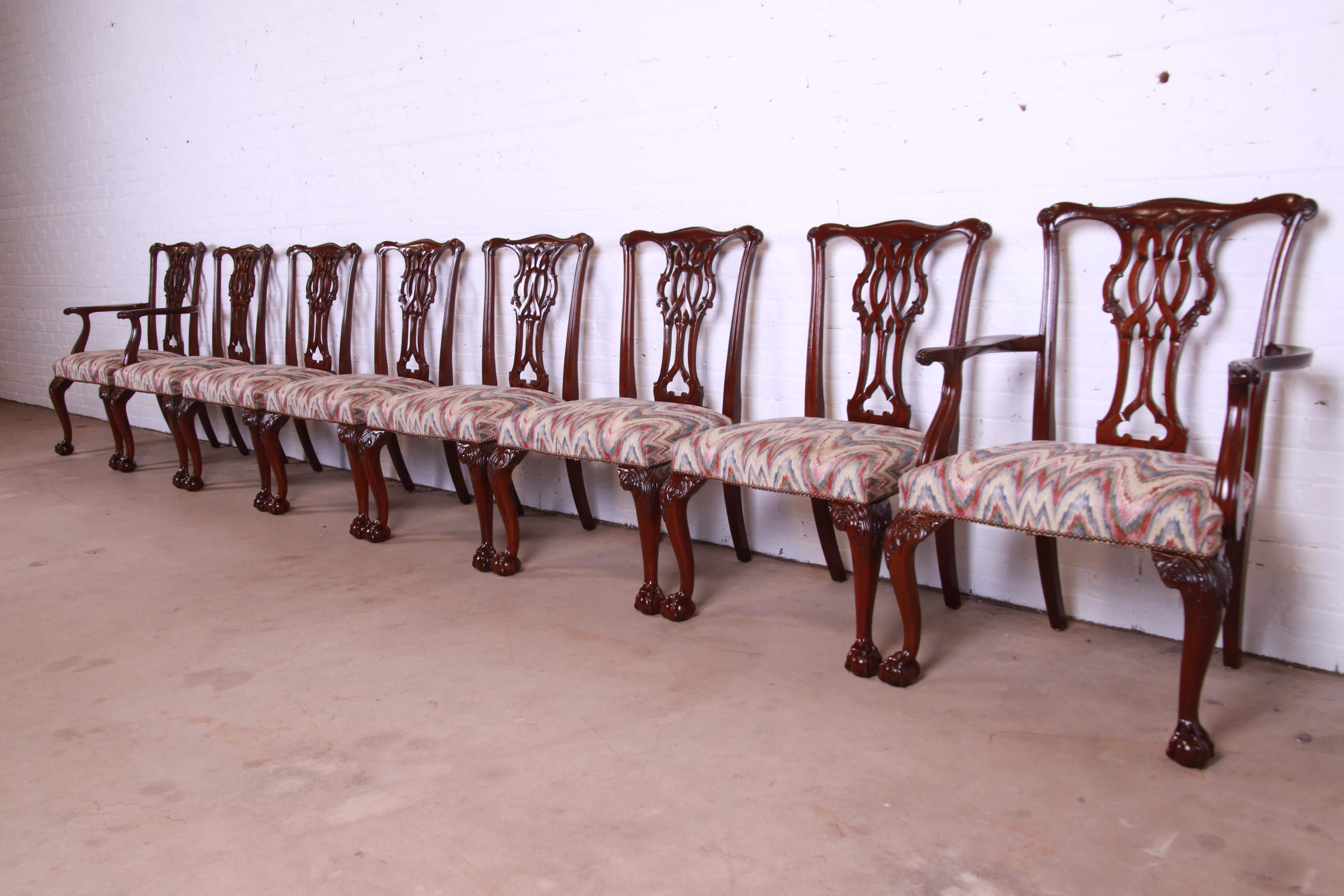 20th Century Baker Furniture Chippendale Carved Mahogany Dining Chairs, Set of Eight