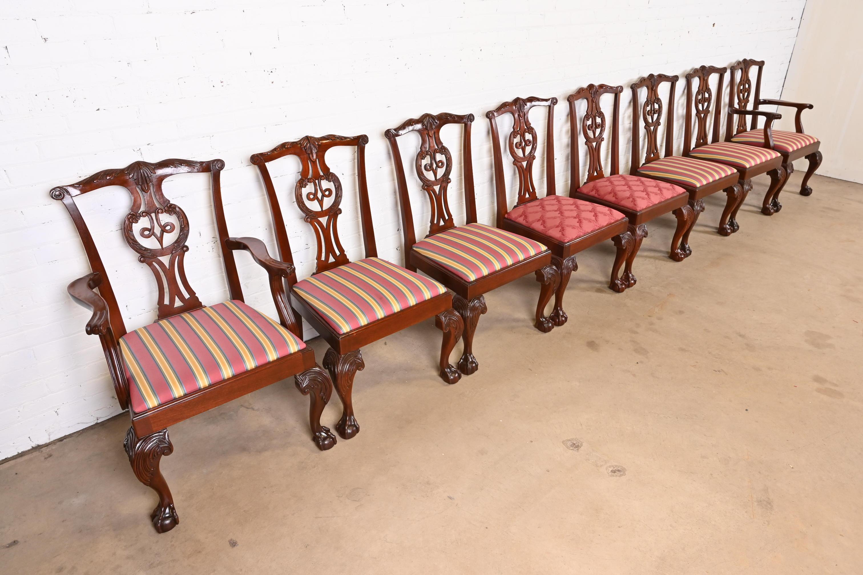 Late 20th Century Baker Furniture Chippendale Carved Mahogany Dining Chairs, Set of Eight For Sale