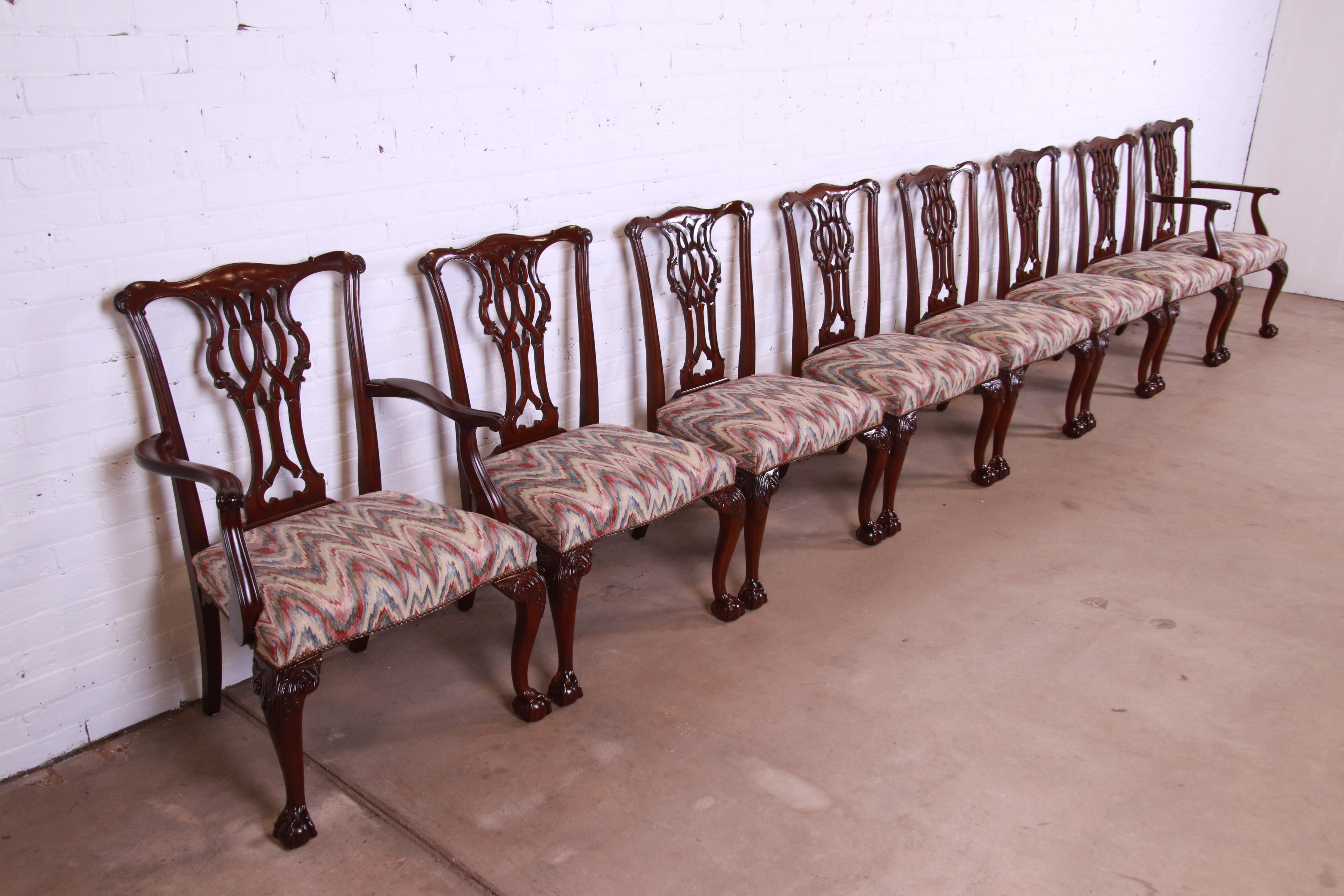 Upholstery Baker Furniture Chippendale Carved Mahogany Dining Chairs, Set of Eight