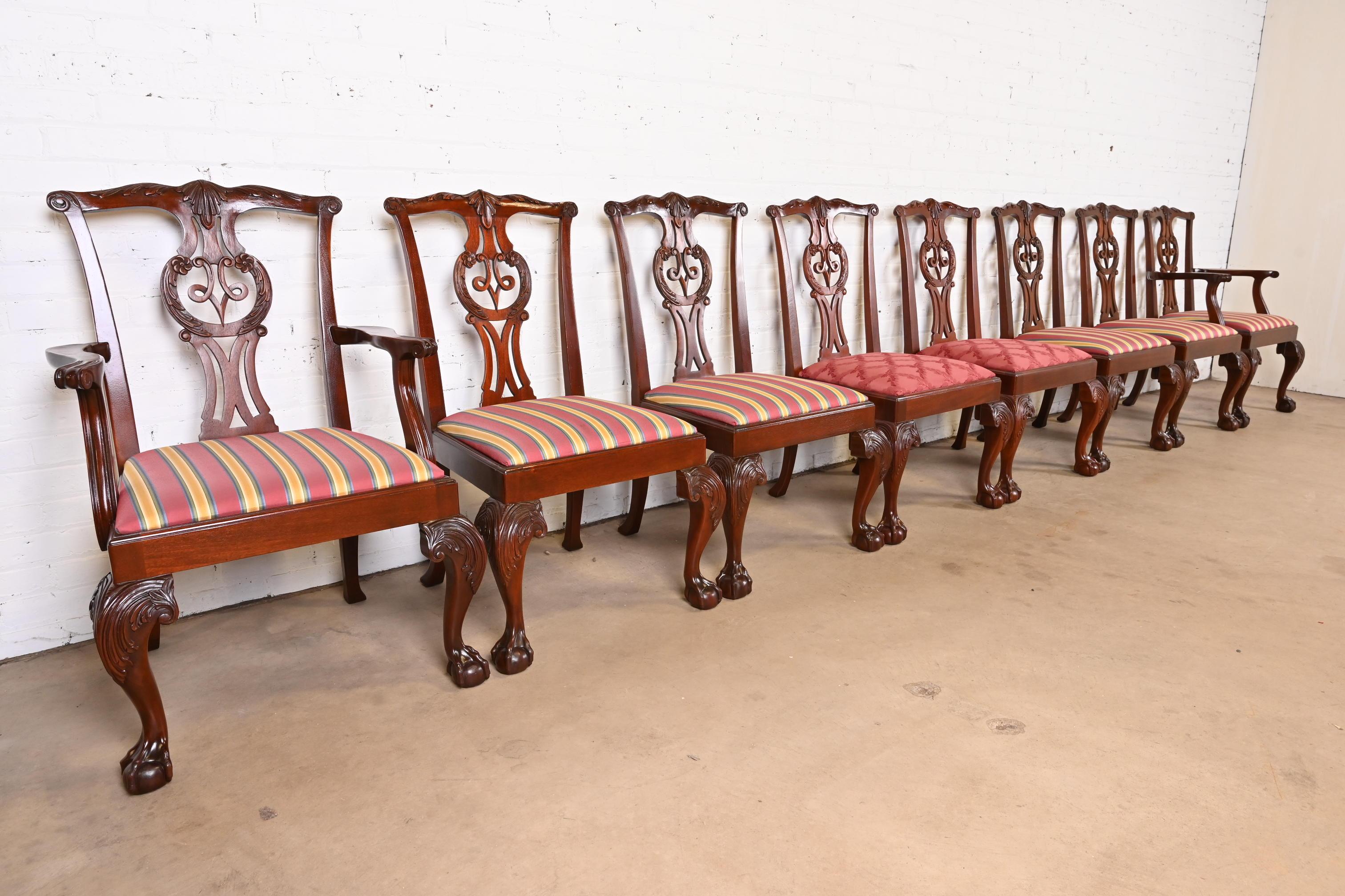 Upholstery Baker Furniture Chippendale Carved Mahogany Dining Chairs, Set of Eight For Sale