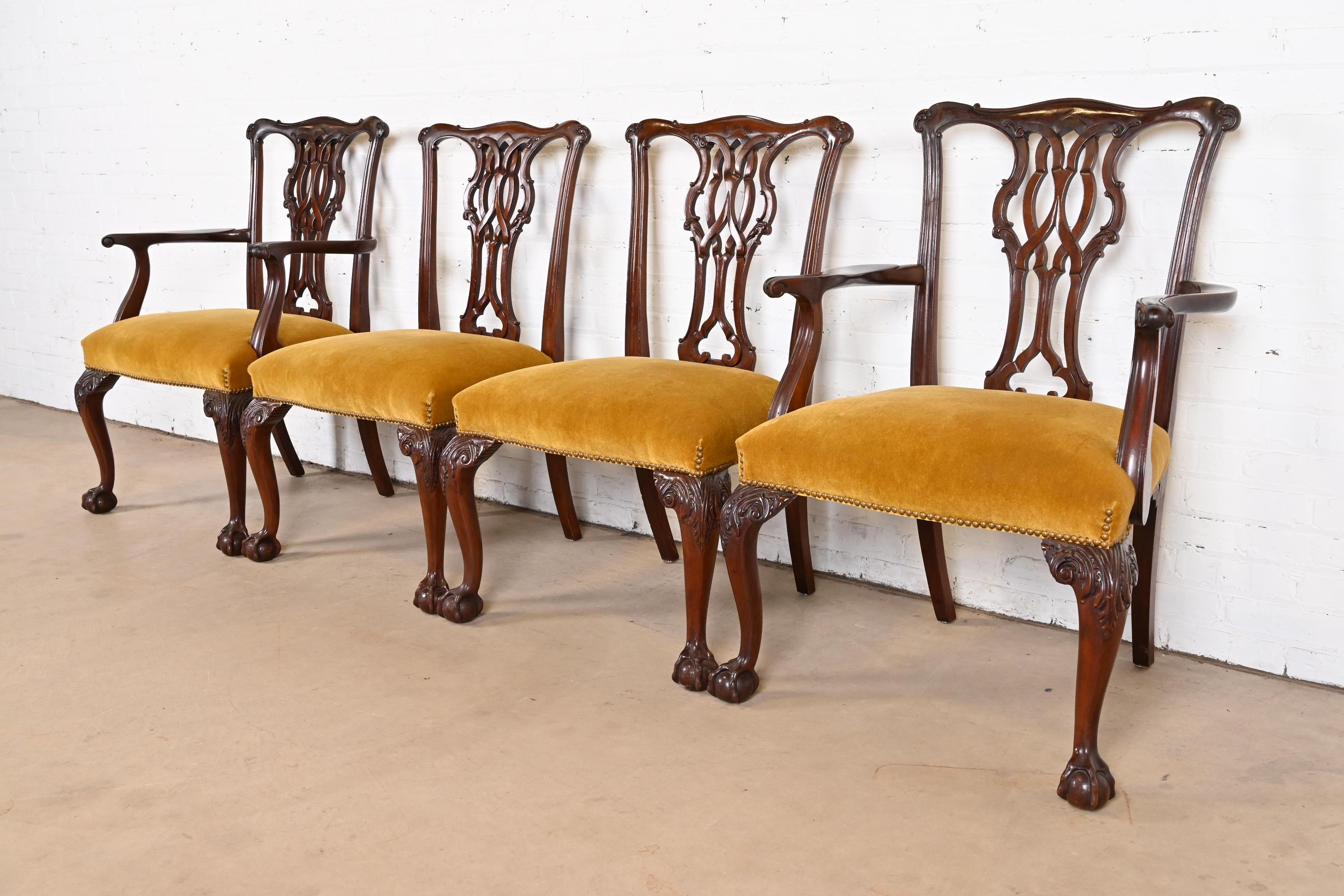 Late 20th Century Baker Furniture Chippendale Carved Mahogany Dining Chairs, Set of Four For Sale