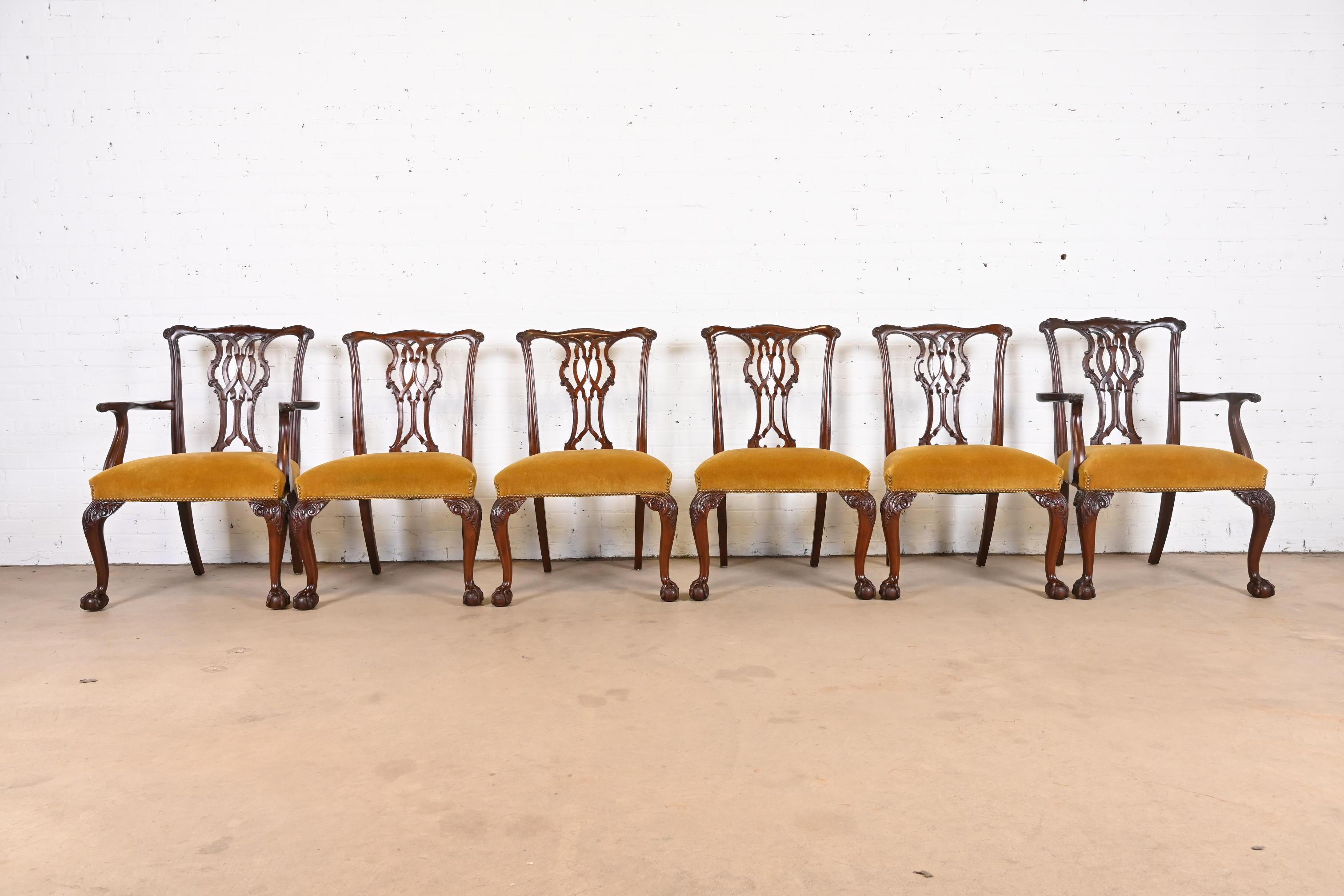 An exceptional set of six Chippendale style dining chairs

By Baker Furniture

USA, Circa 1980s

Carved solid mahogany frames, with cabriole legs, ball and claw feet, and brass studded velvet upholstered seats.

Measures:
Side chairs -