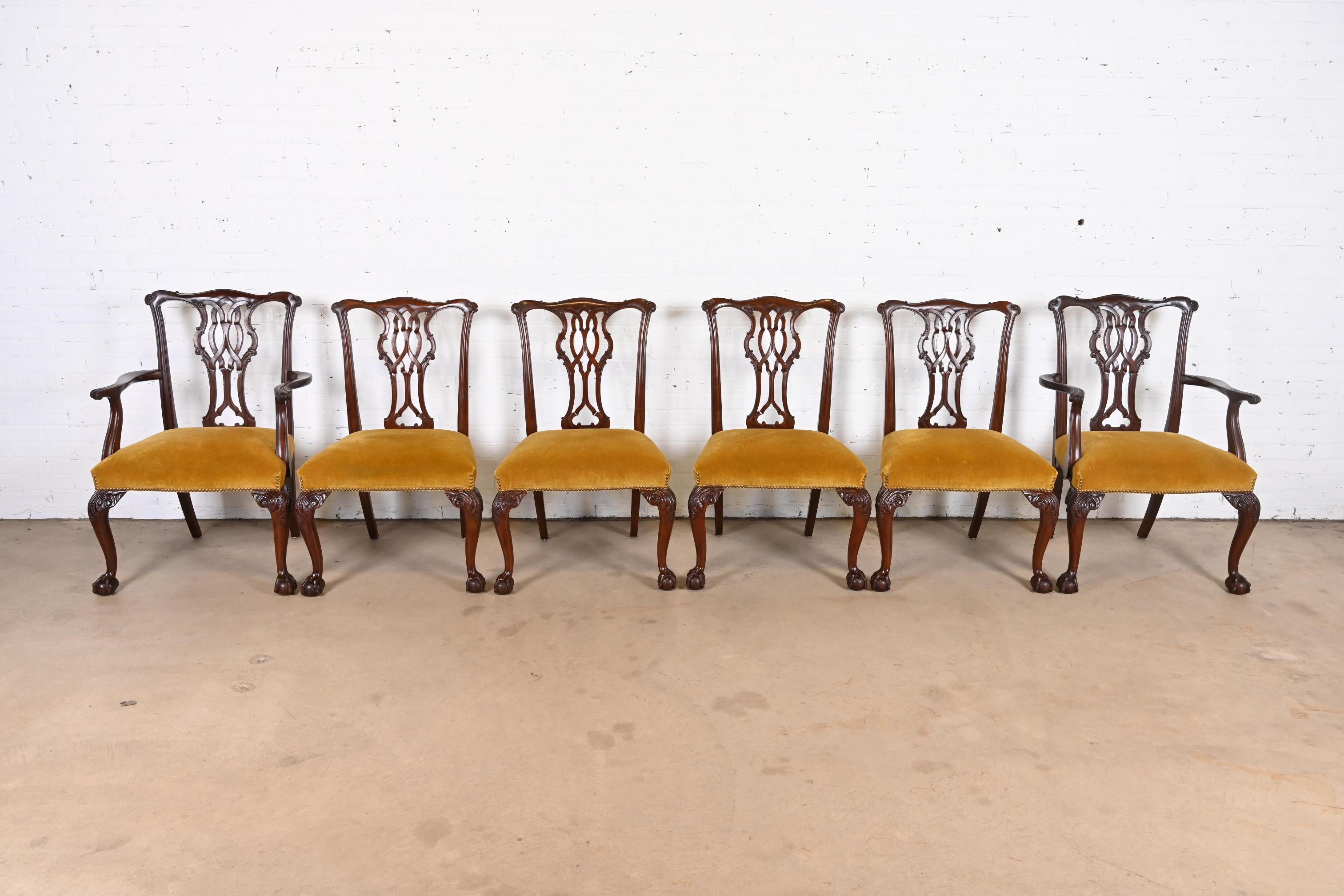 American Baker Furniture Chippendale Carved Mahogany Dining Chairs, Set of Six