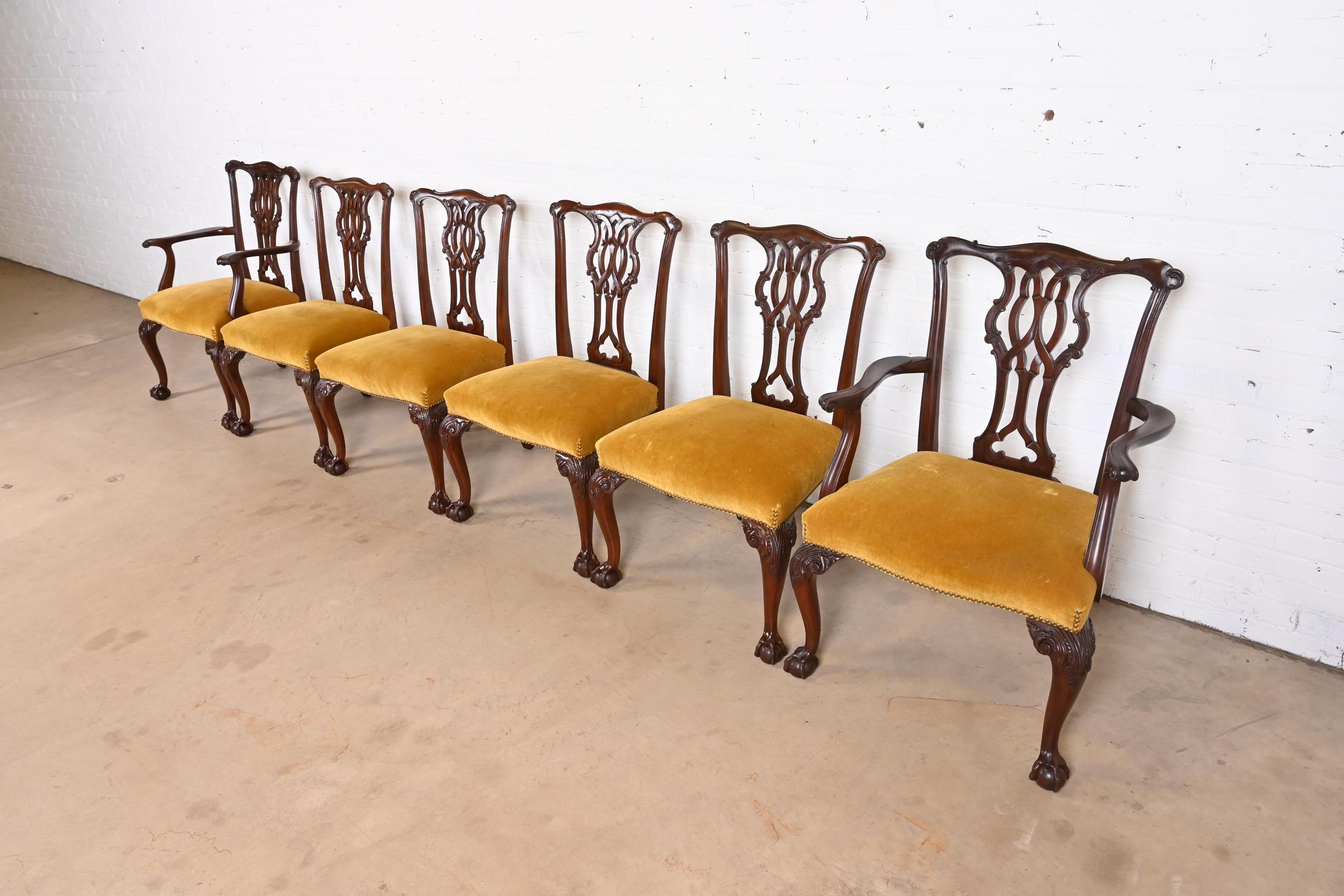 Late 20th Century Baker Furniture Chippendale Carved Mahogany Dining Chairs, Set of Six