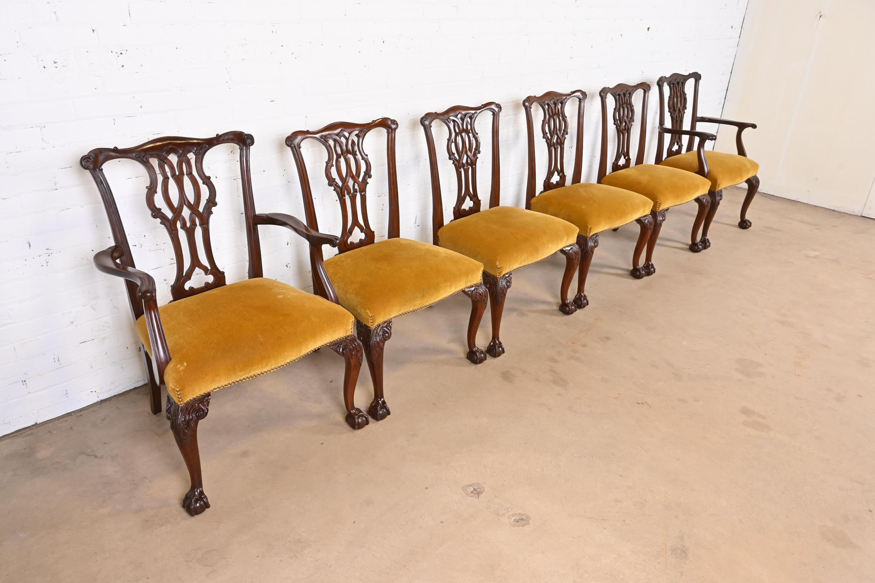 Brass Baker Furniture Chippendale Carved Mahogany Dining Chairs, Set of Six