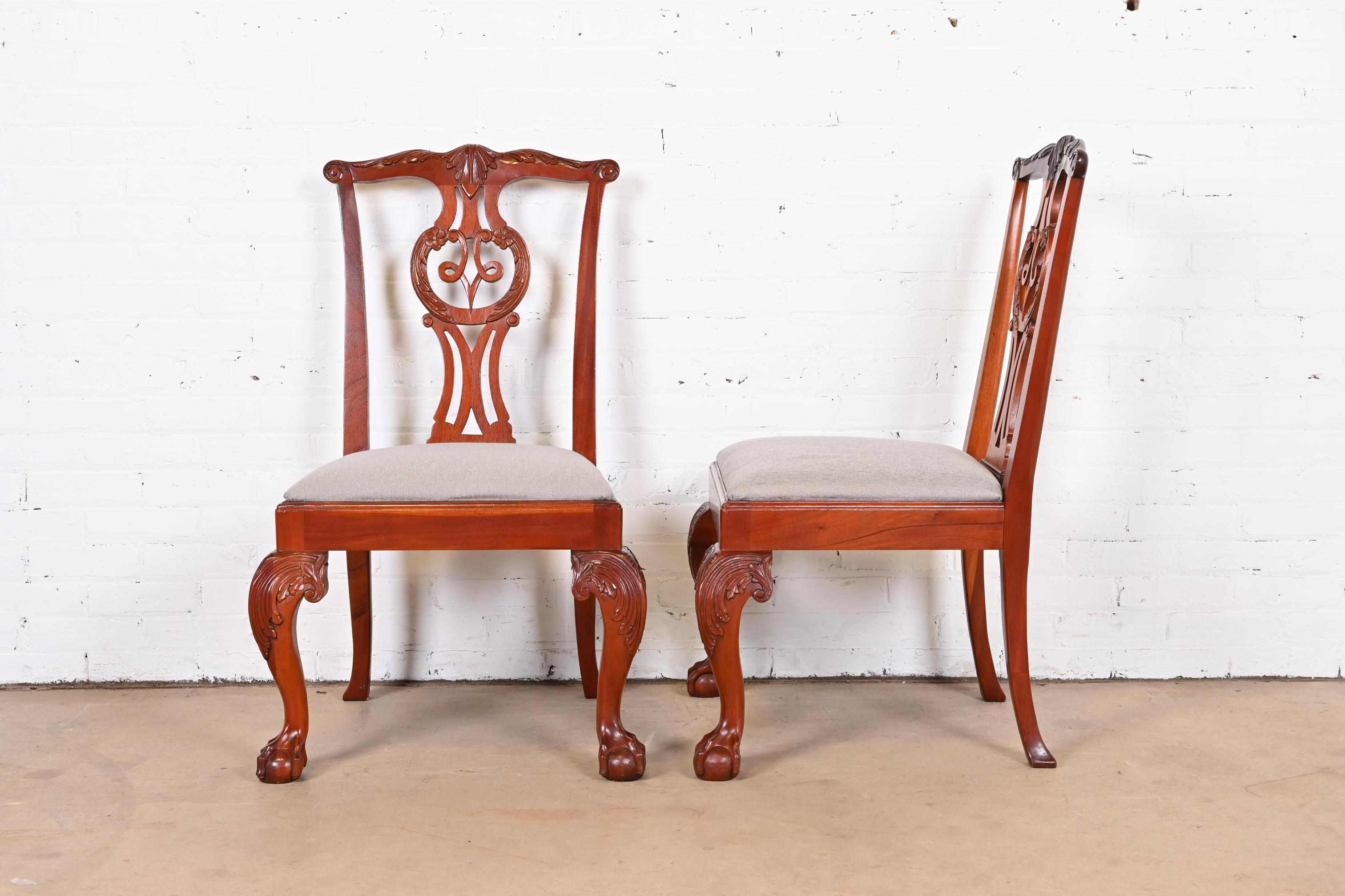 Upholstery Baker Furniture Chippendale Carved Mahogany Dining Chairs, Set of Six