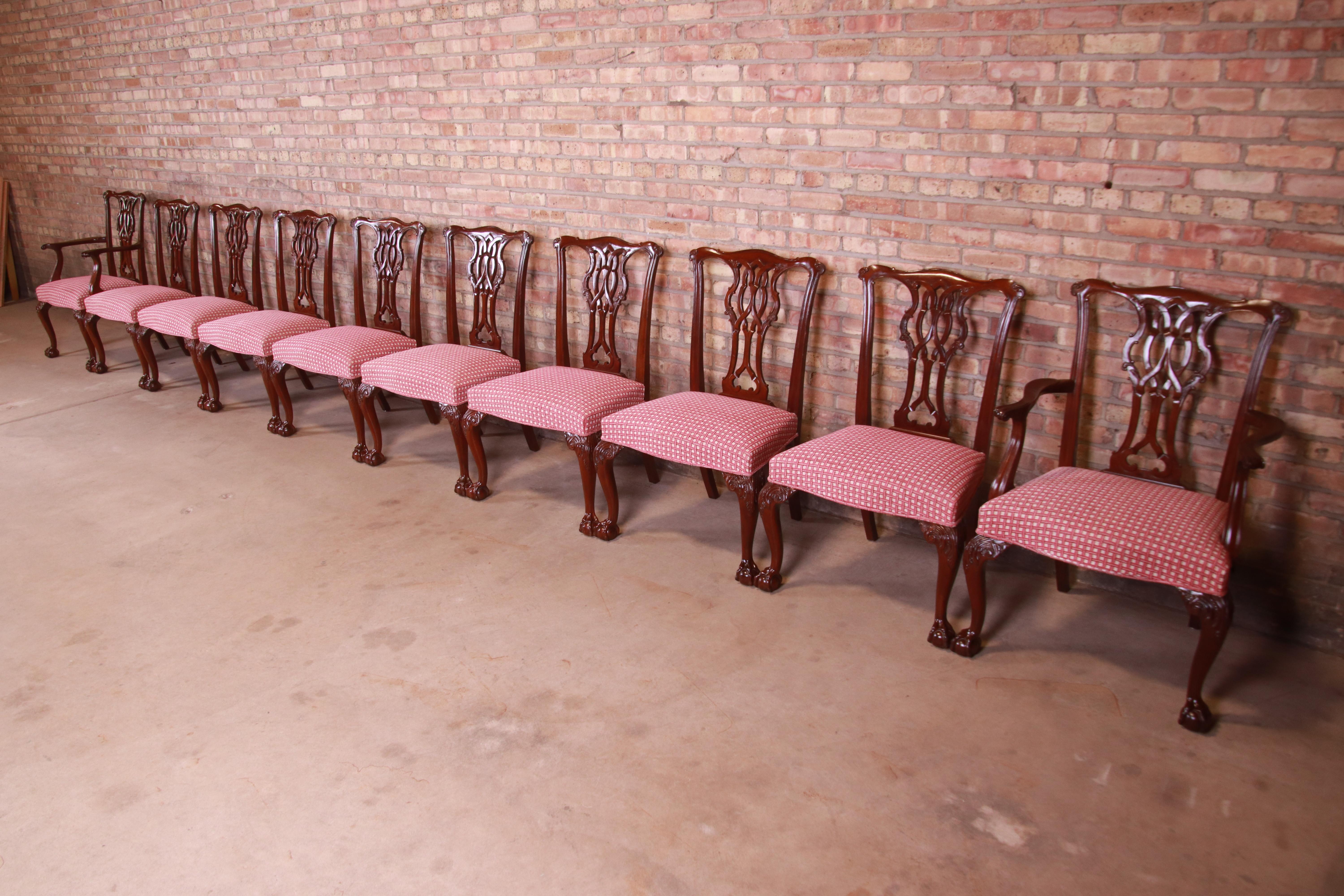 20th Century Baker Furniture Chippendale Carved Mahogany Dining Chairs, Set of Ten For Sale
