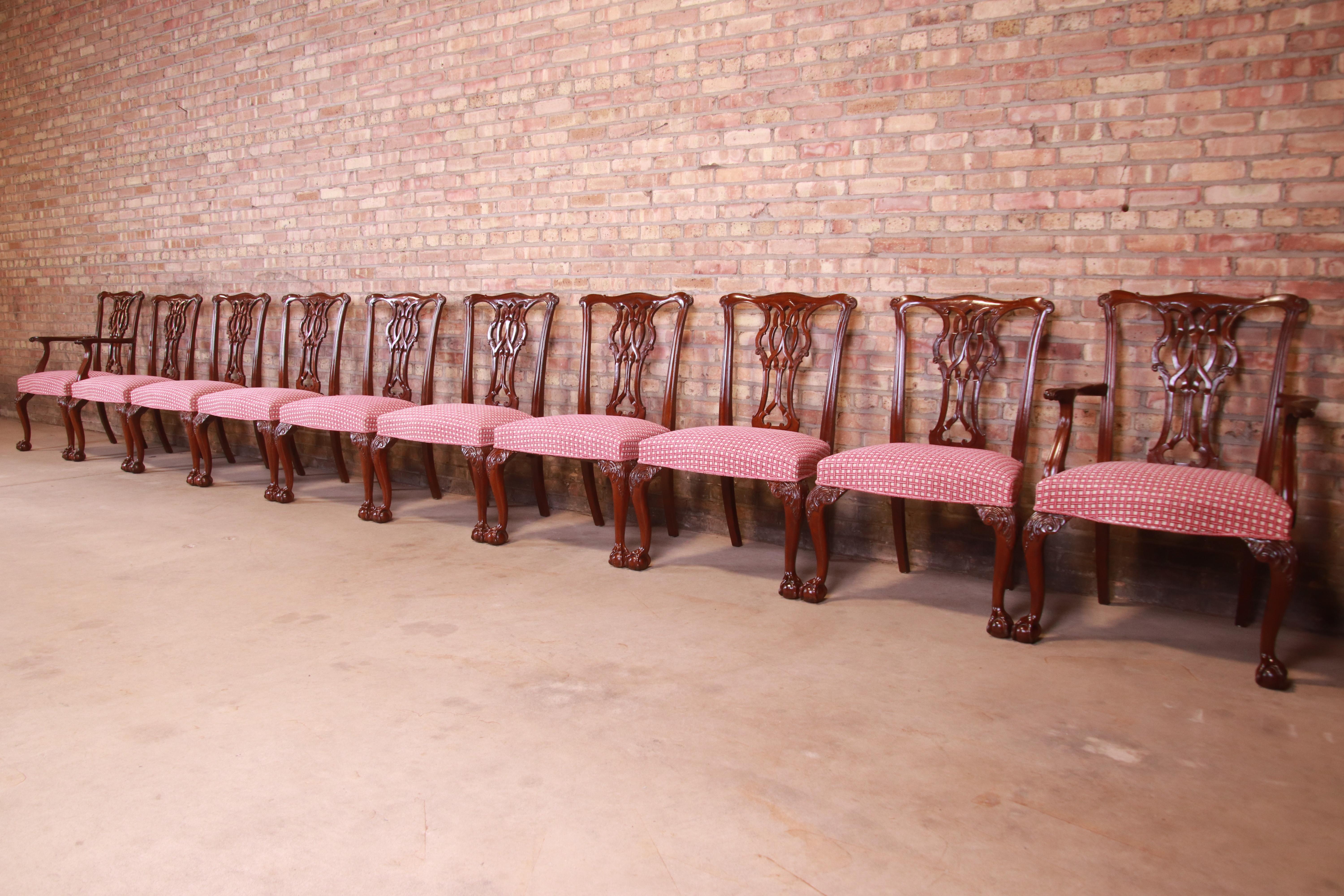 Upholstery Baker Furniture Chippendale Carved Mahogany Dining Chairs, Set of Ten For Sale