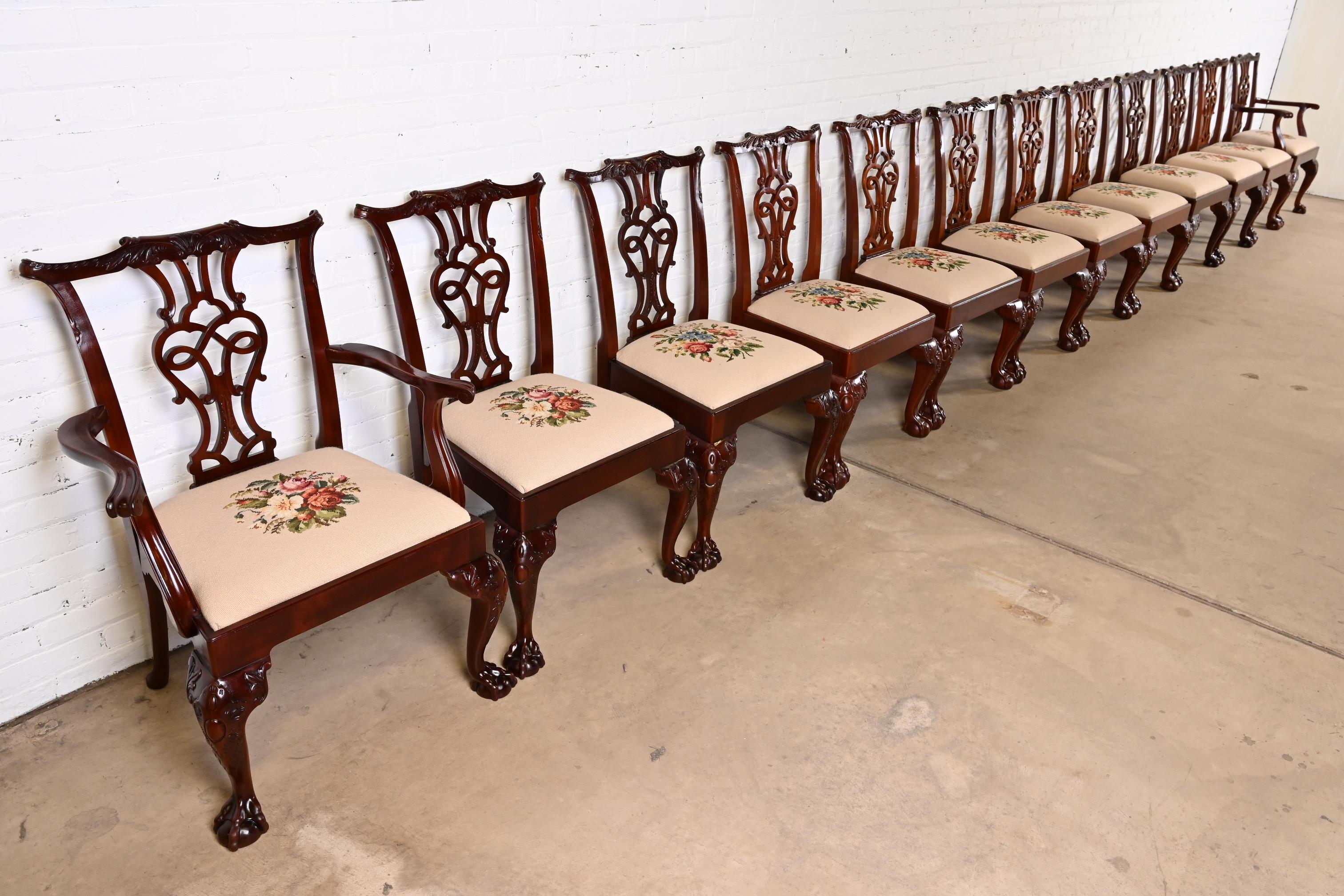 20th Century Baker Furniture Chippendale Carved Mahogany Dining Chairs, Set of Twelve