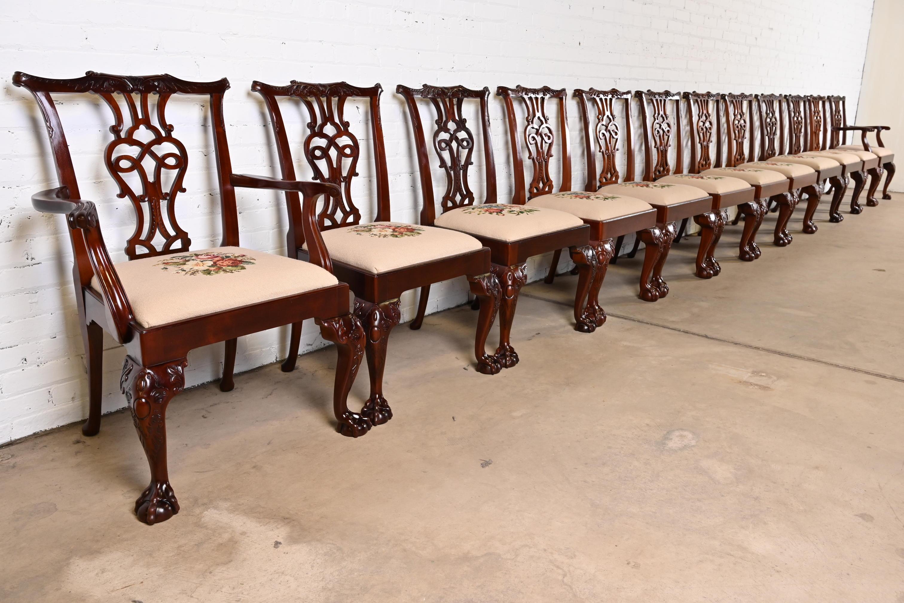 Upholstery Baker Furniture Chippendale Carved Mahogany Dining Chairs, Set of Twelve