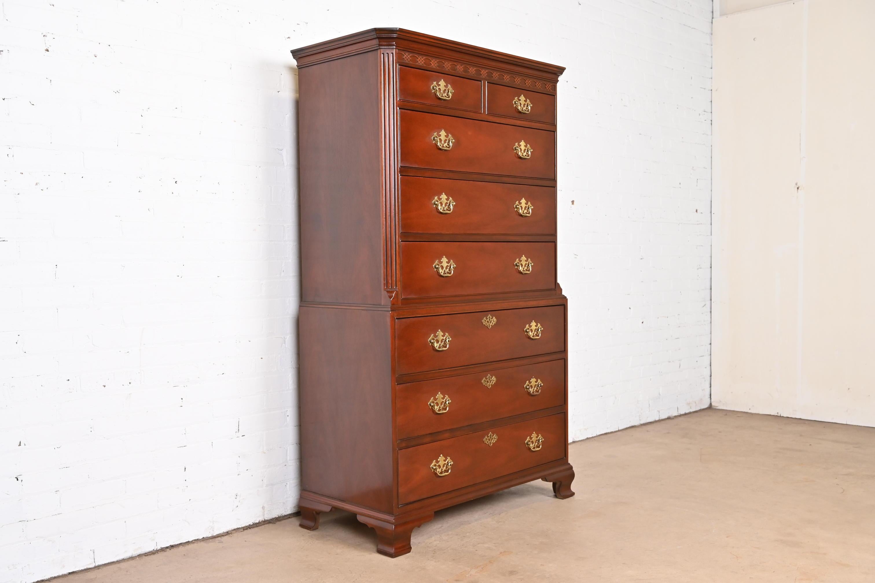 American Baker Furniture Chippendale Carved Mahogany Highboy Chest of Drawers For Sale