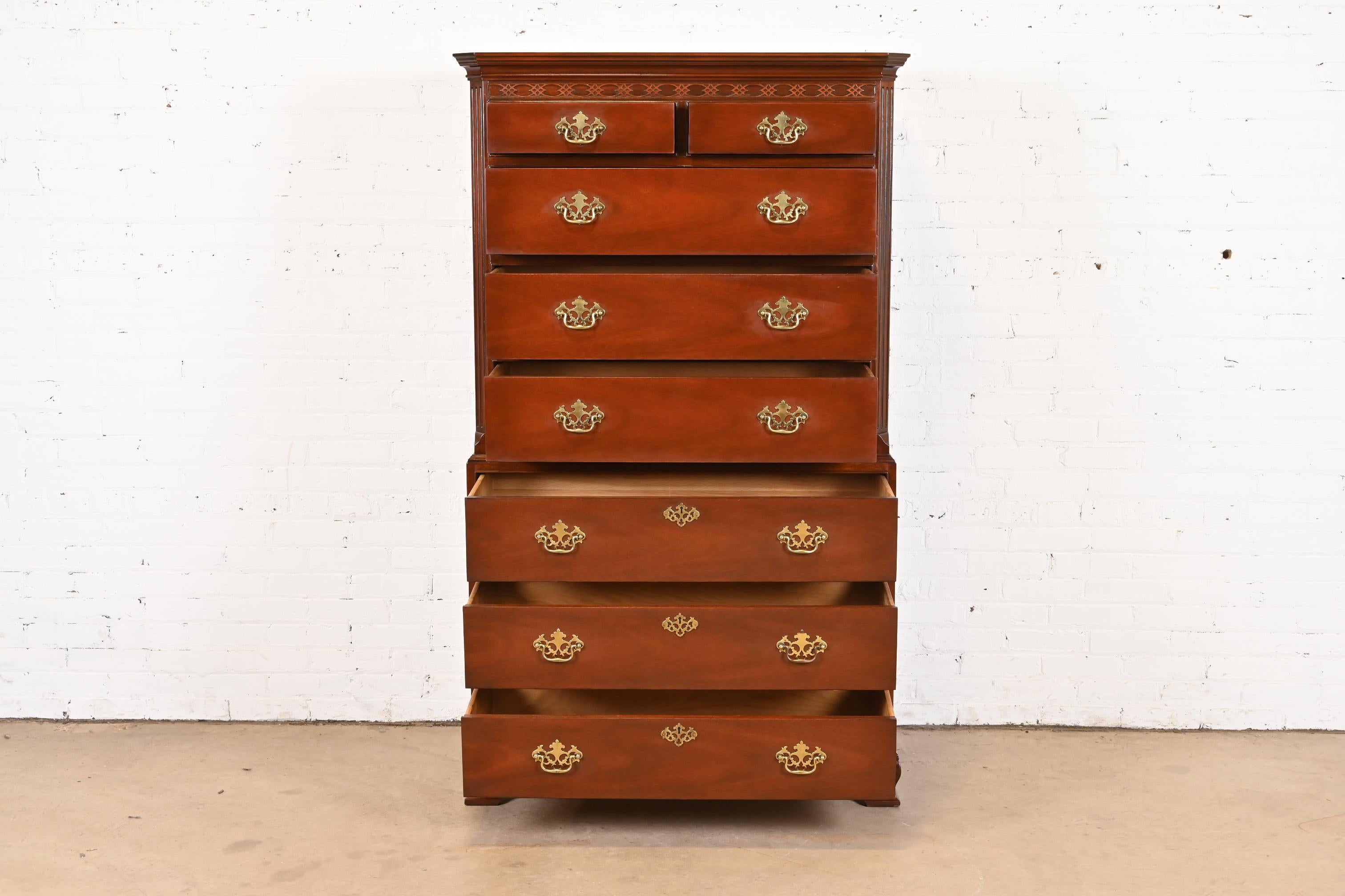 Late 20th Century Baker Furniture Chippendale Carved Mahogany Highboy Chest of Drawers For Sale