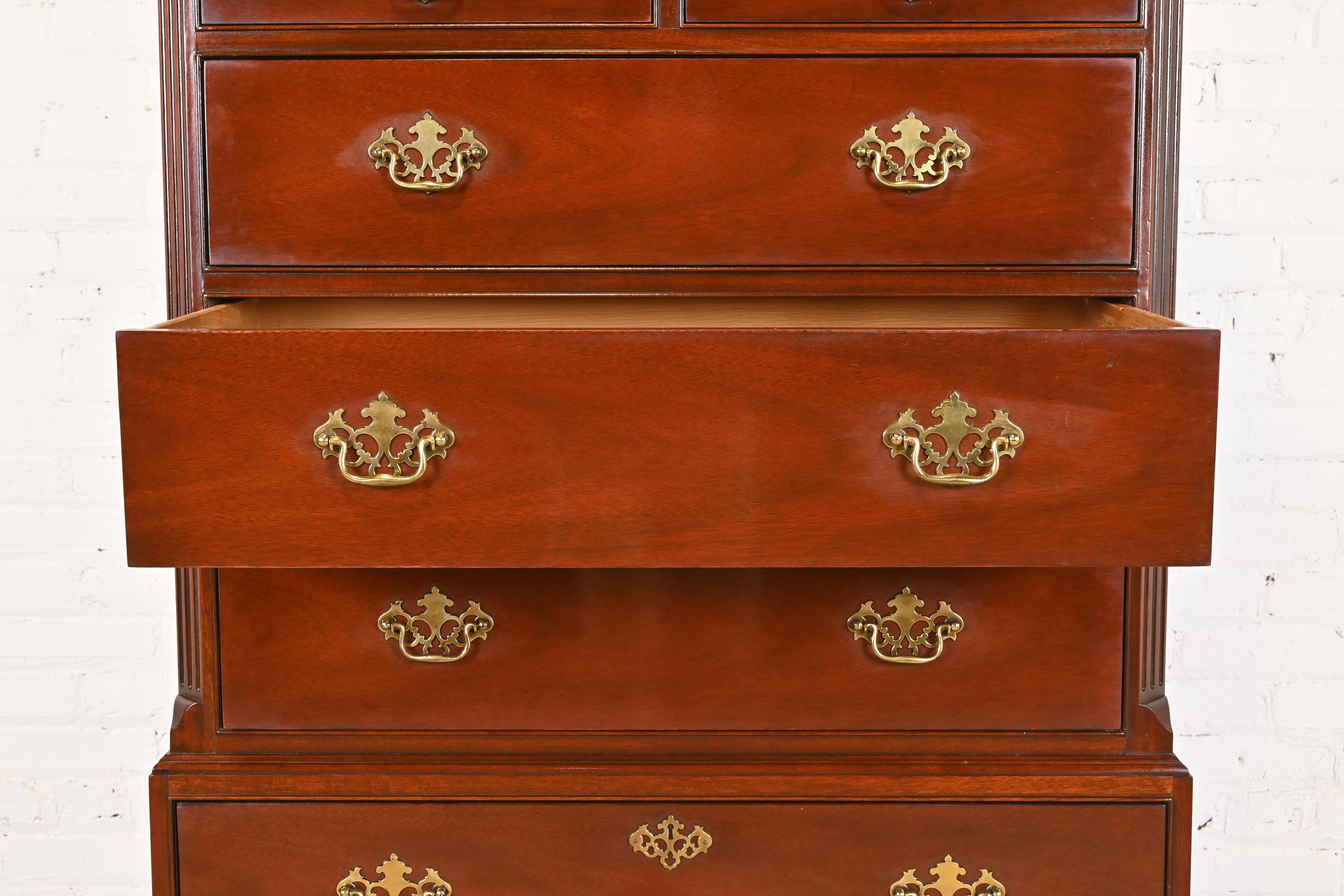 Brass Baker Furniture Chippendale Carved Mahogany Highboy Chest of Drawers For Sale