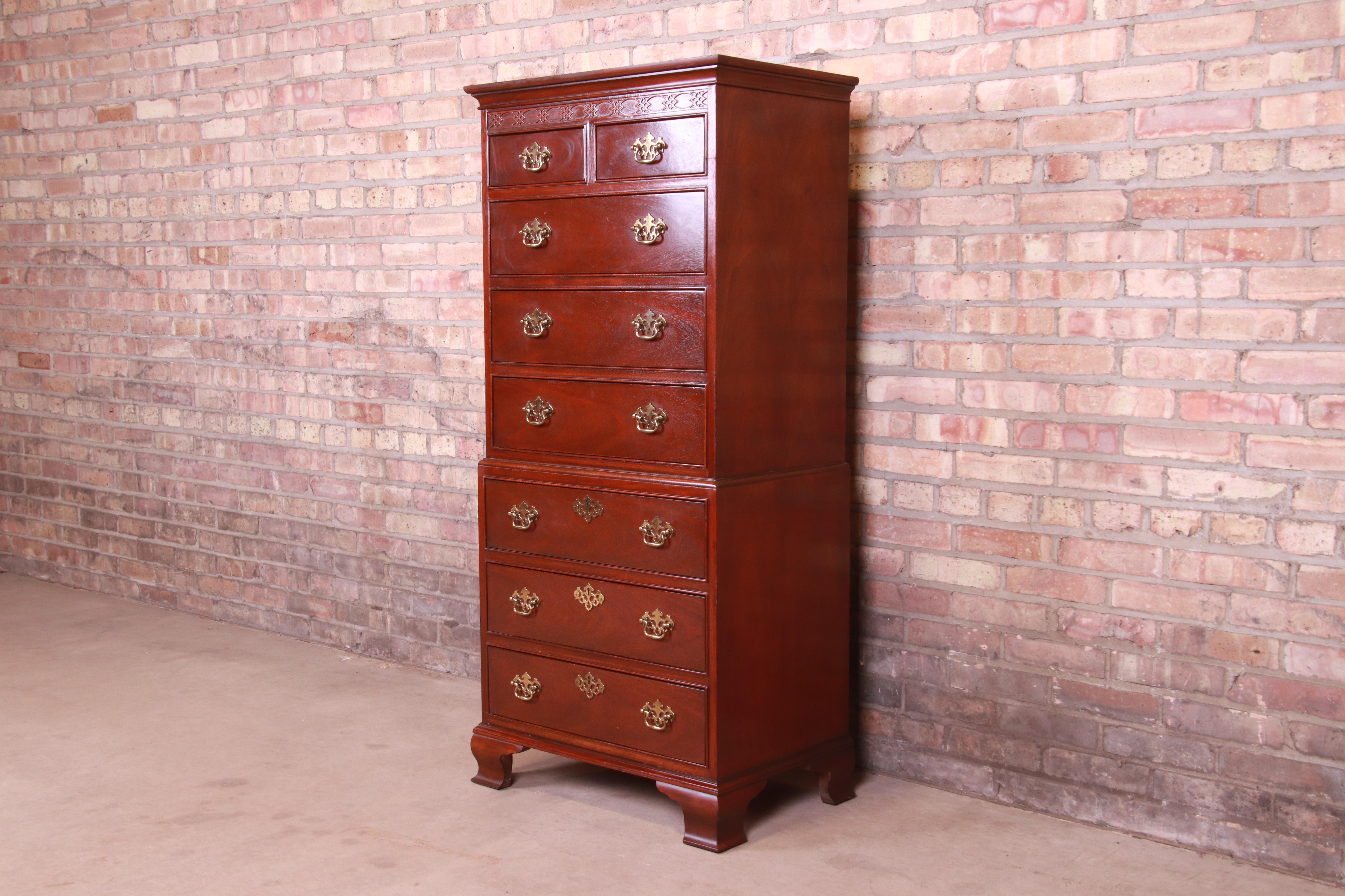American Baker Furniture Chippendale Carved Mahogany Highboy Dresser or Lingerie Chest
