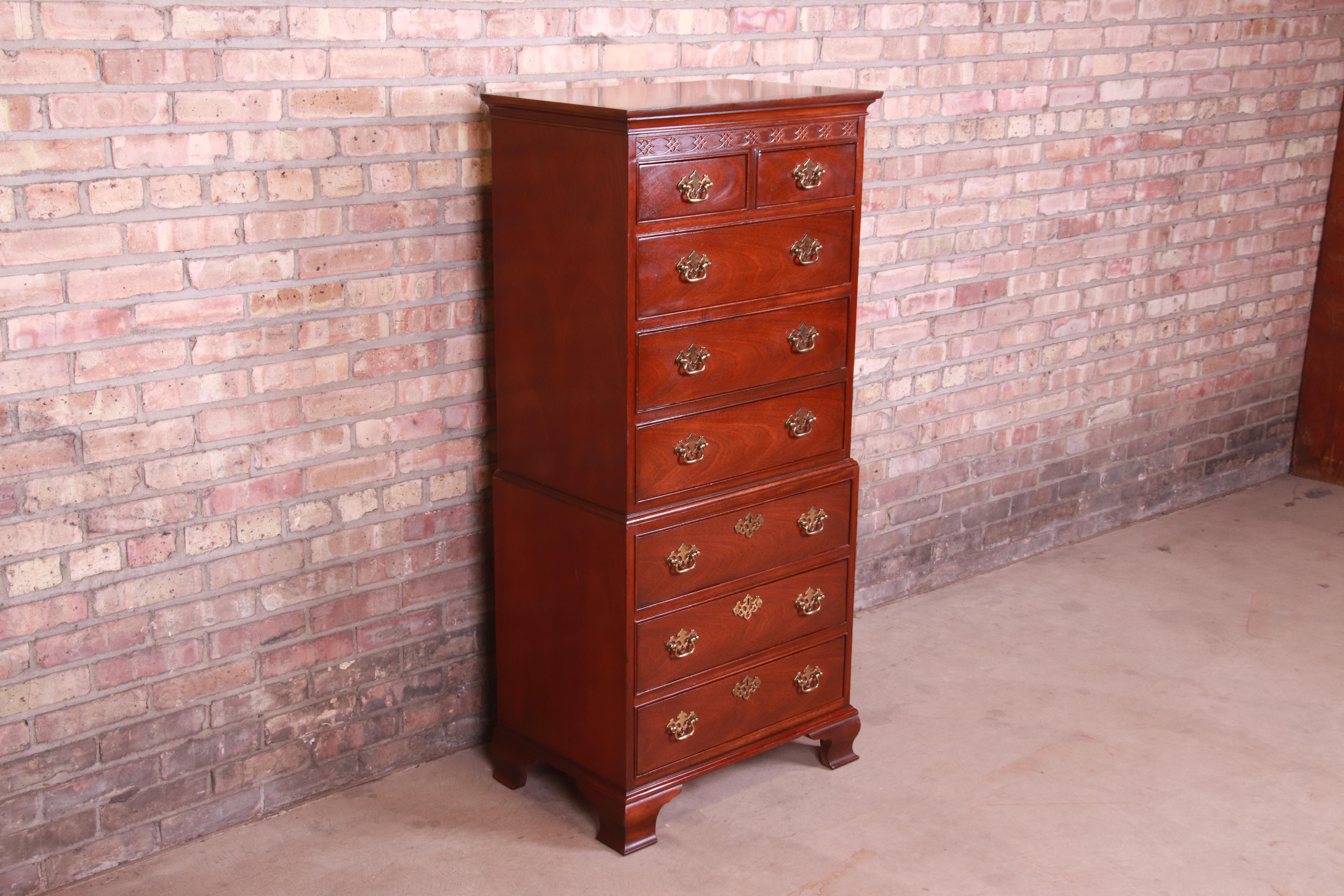 Baker Furniture Chippendale Carved Mahogany Highboy Dresser or Lingerie Chest In Good Condition In South Bend, IN