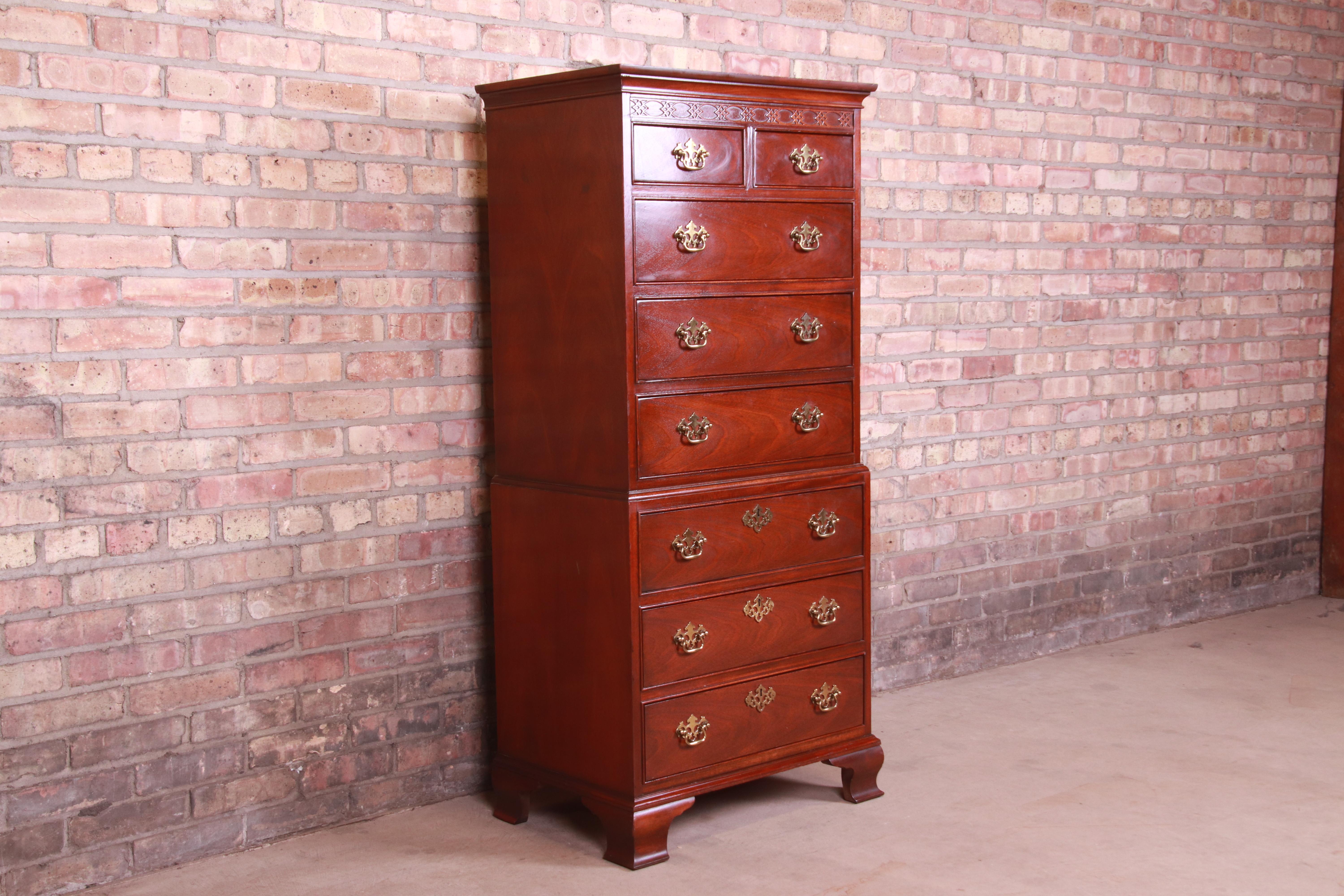 20th Century Baker Furniture Chippendale Carved Mahogany Highboy Dresser or Lingerie Chest
