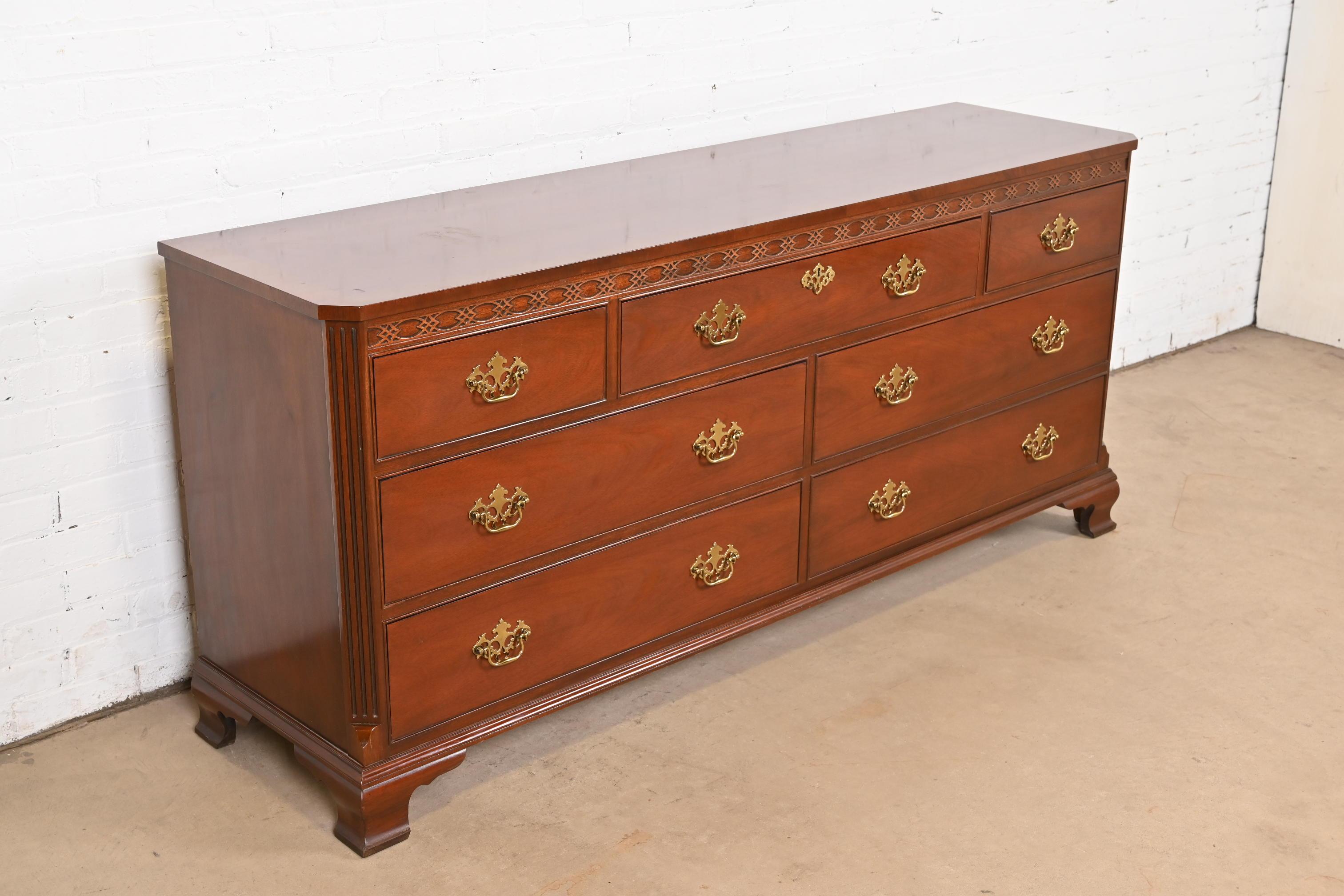 Late 20th Century Baker Furniture Chippendale Carved Mahogany Lowboy Dresser or Credenza For Sale