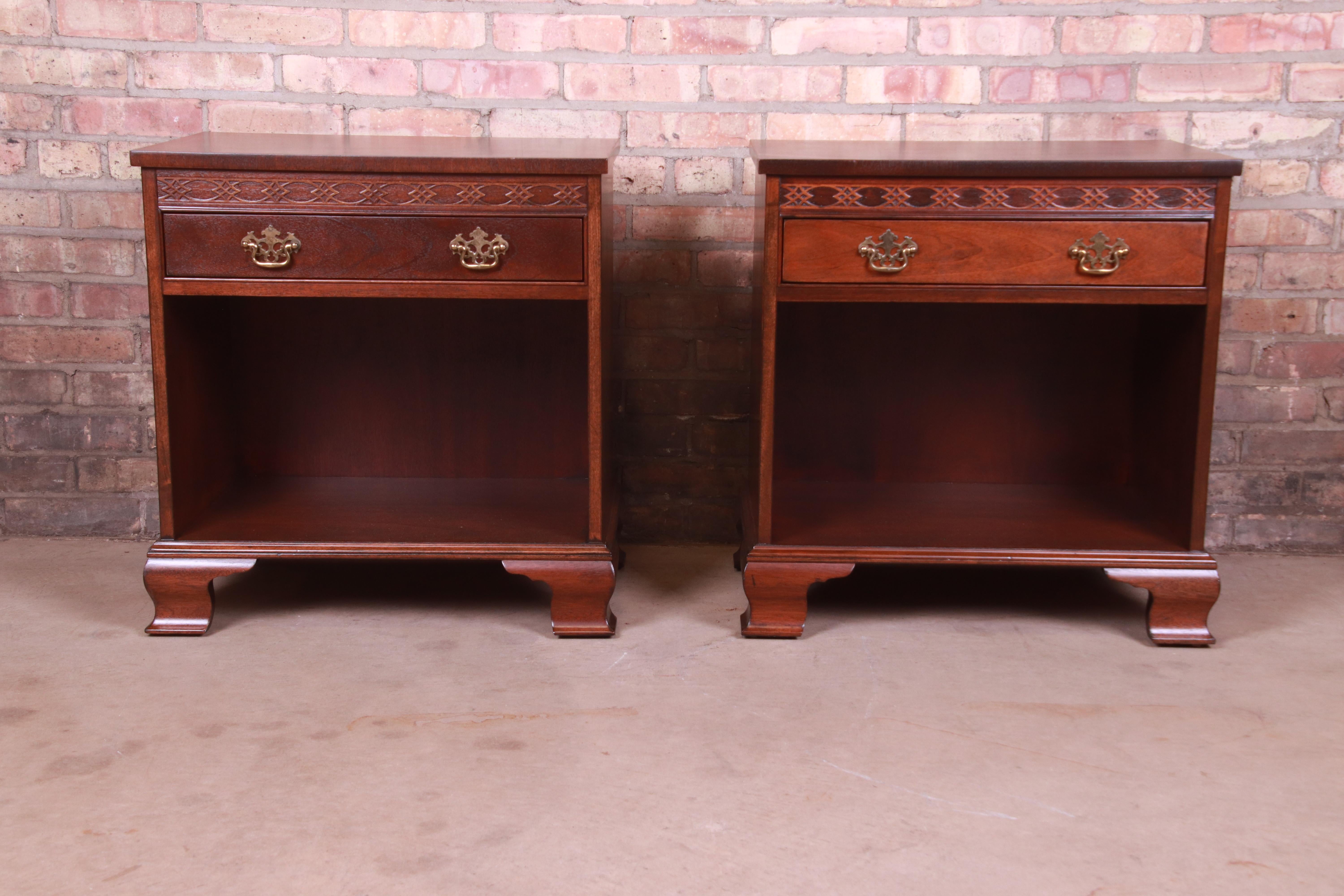 American Baker Furniture Chippendale Carved Mahogany Nightstands, Newly Refinished For Sale