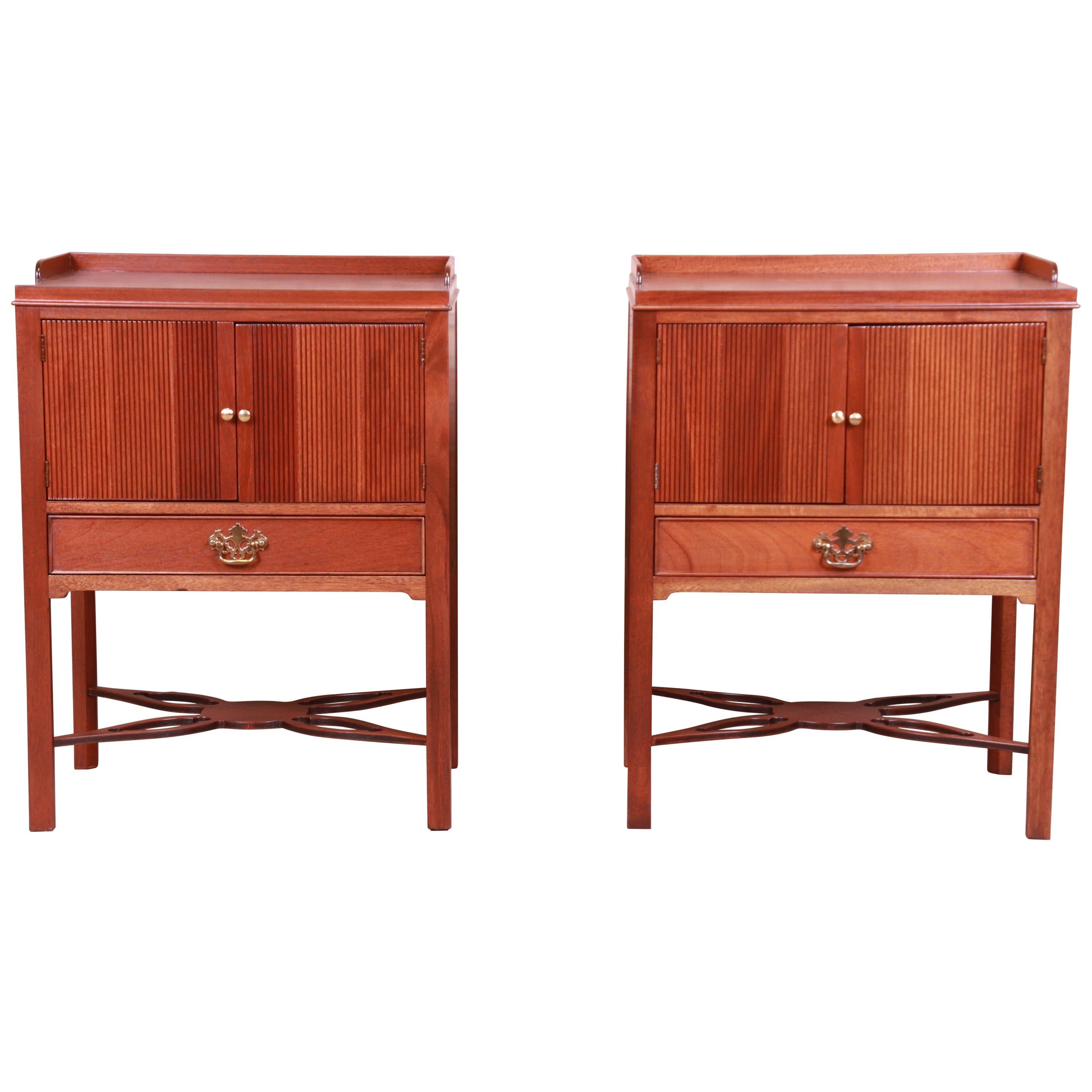 Baker Furniture Chippendale Carved Mahogany Nightstands, Newly Refinished