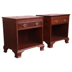 Retro Baker Furniture Chippendale Carved Mahogany Nightstands, Newly Refinished
