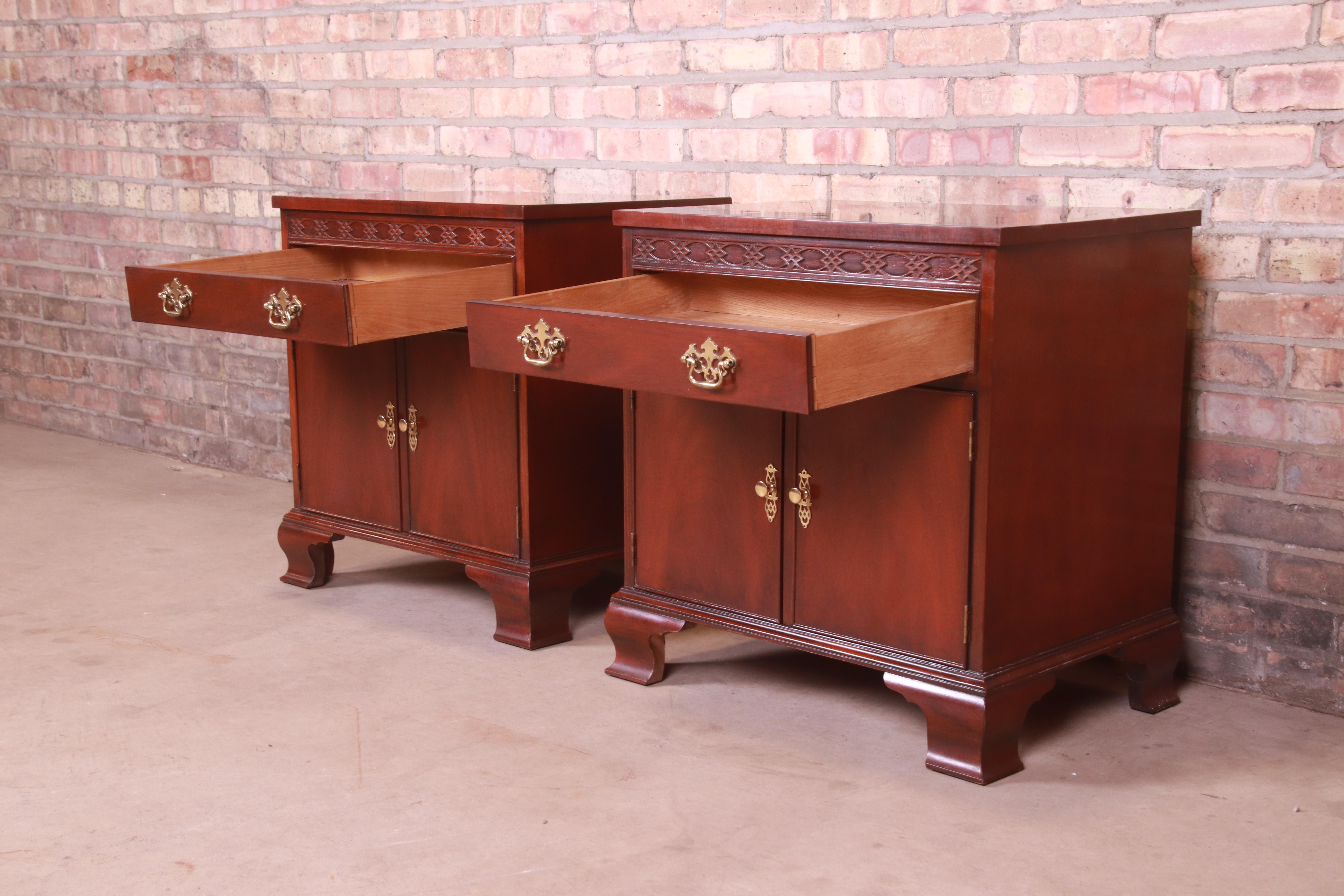 Baker Furniture Chippendale Carved Mahogany Nightstands, Pair 2