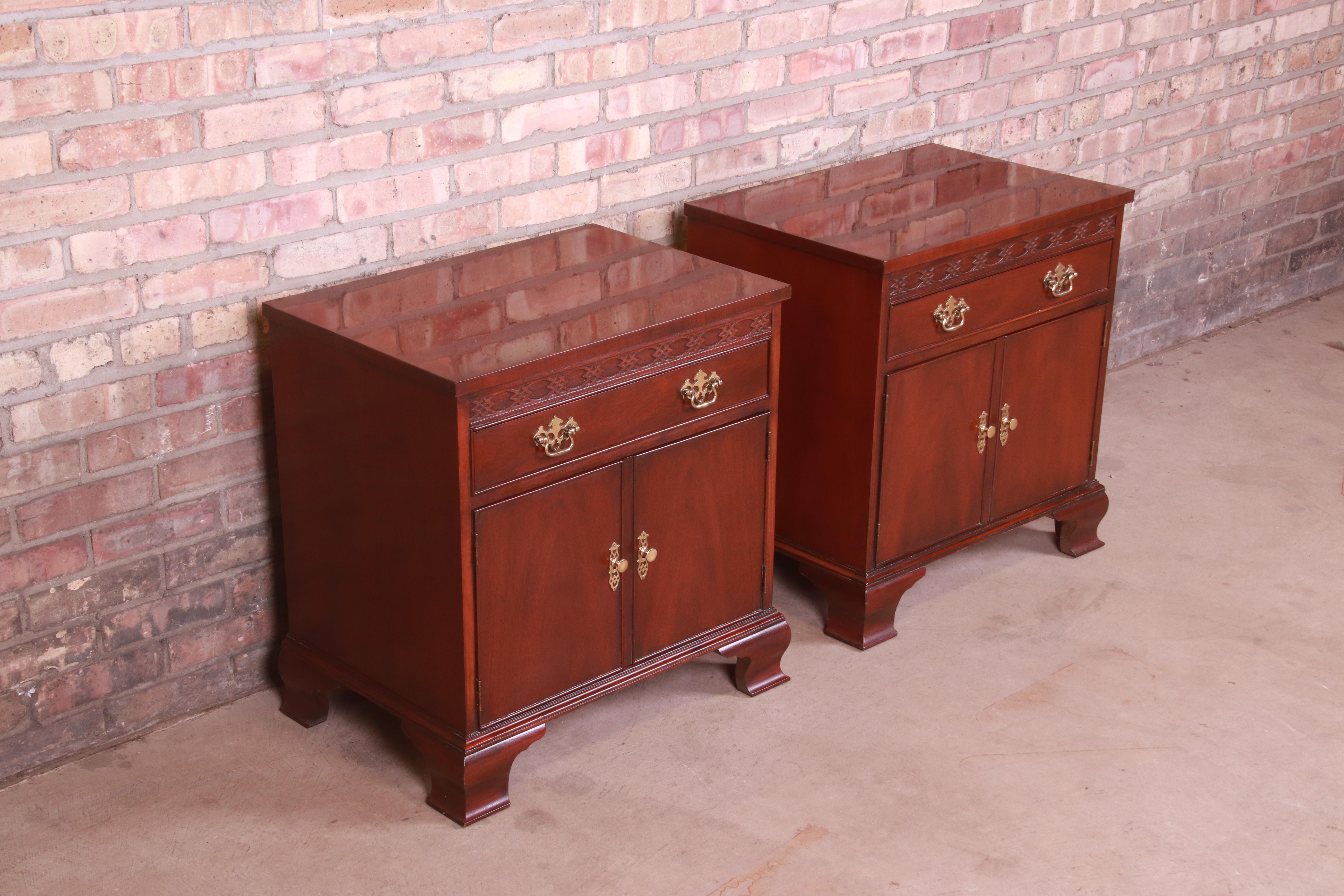 American Baker Furniture Chippendale Carved Mahogany Nightstands, Pair