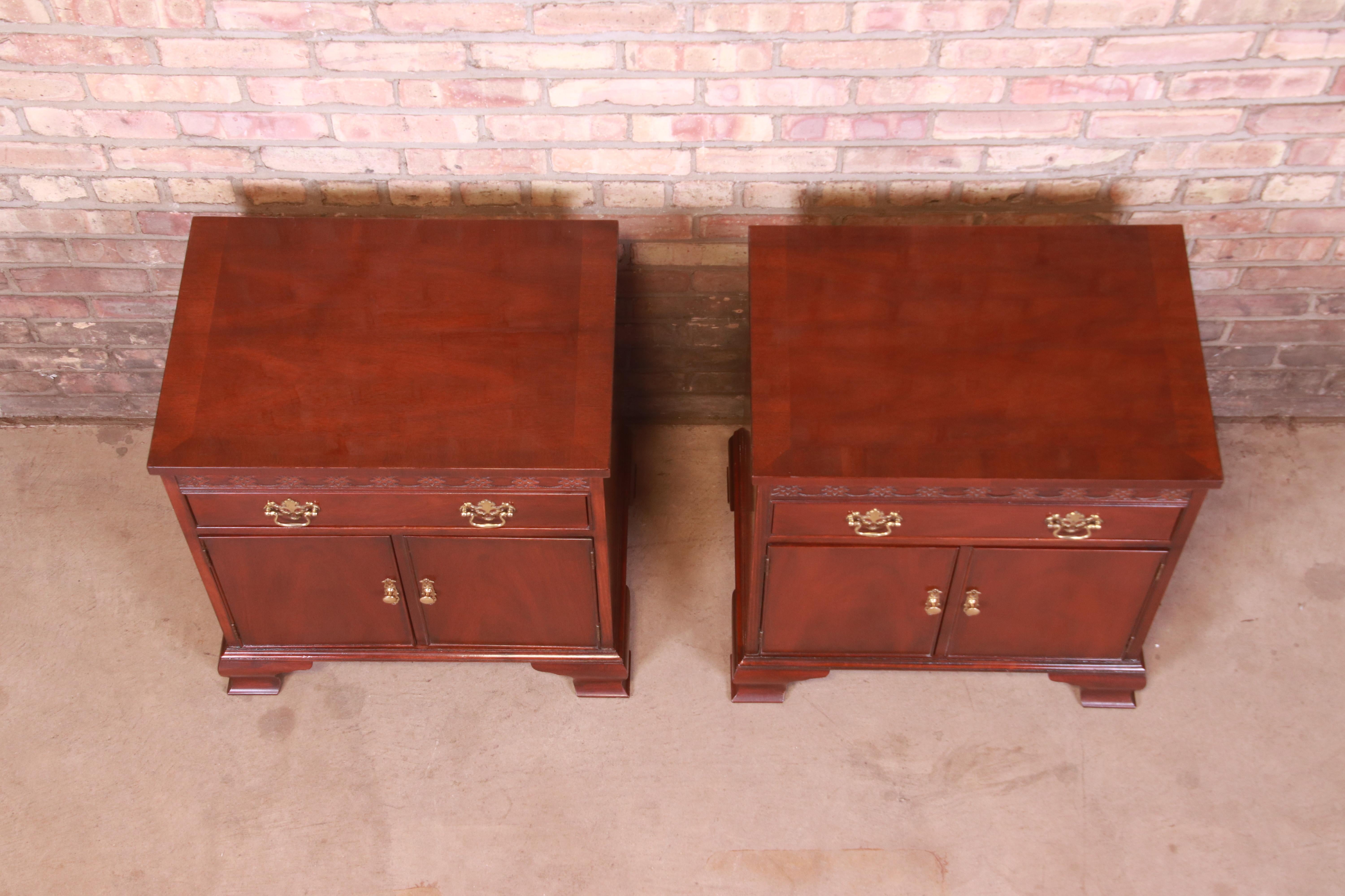 20th Century Baker Furniture Chippendale Carved Mahogany Nightstands, Pair