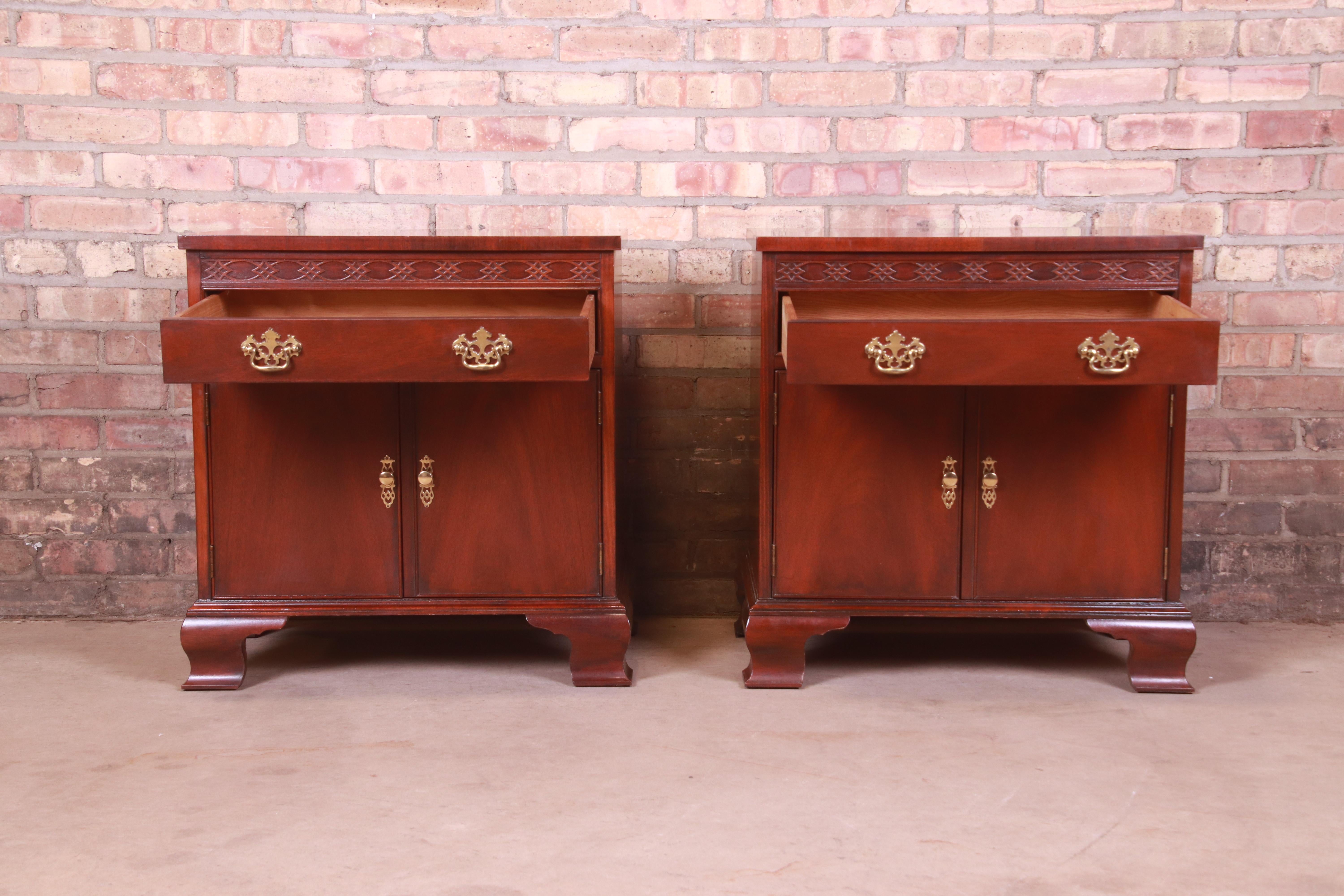 Brass Baker Furniture Chippendale Carved Mahogany Nightstands, Pair